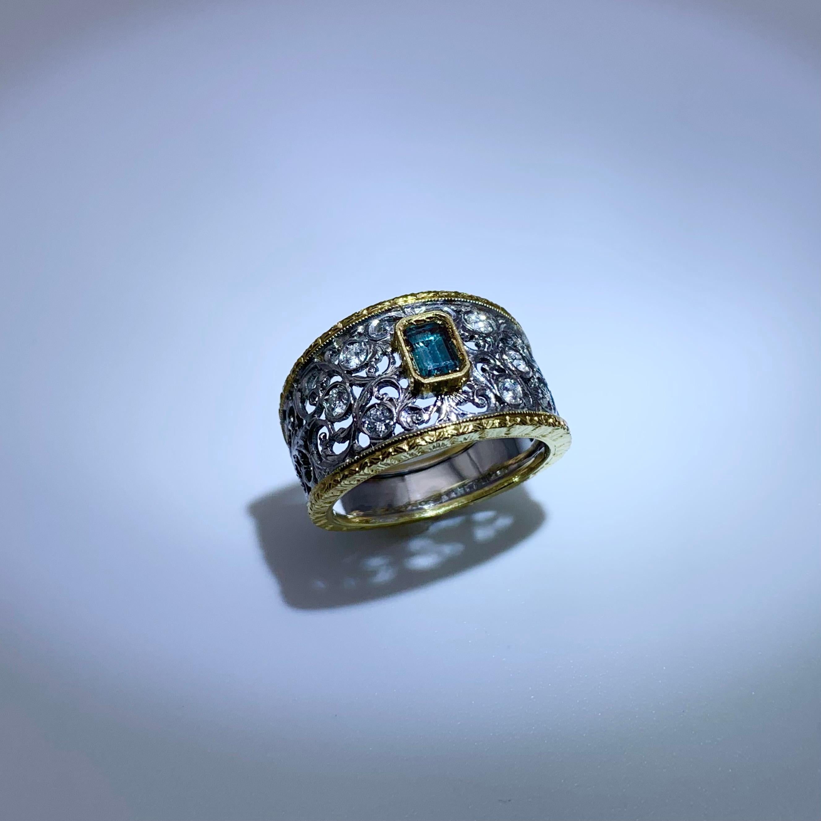18KT Florentine Engraved .64 CT Alexandrite & Diamond Ring For Sale 4