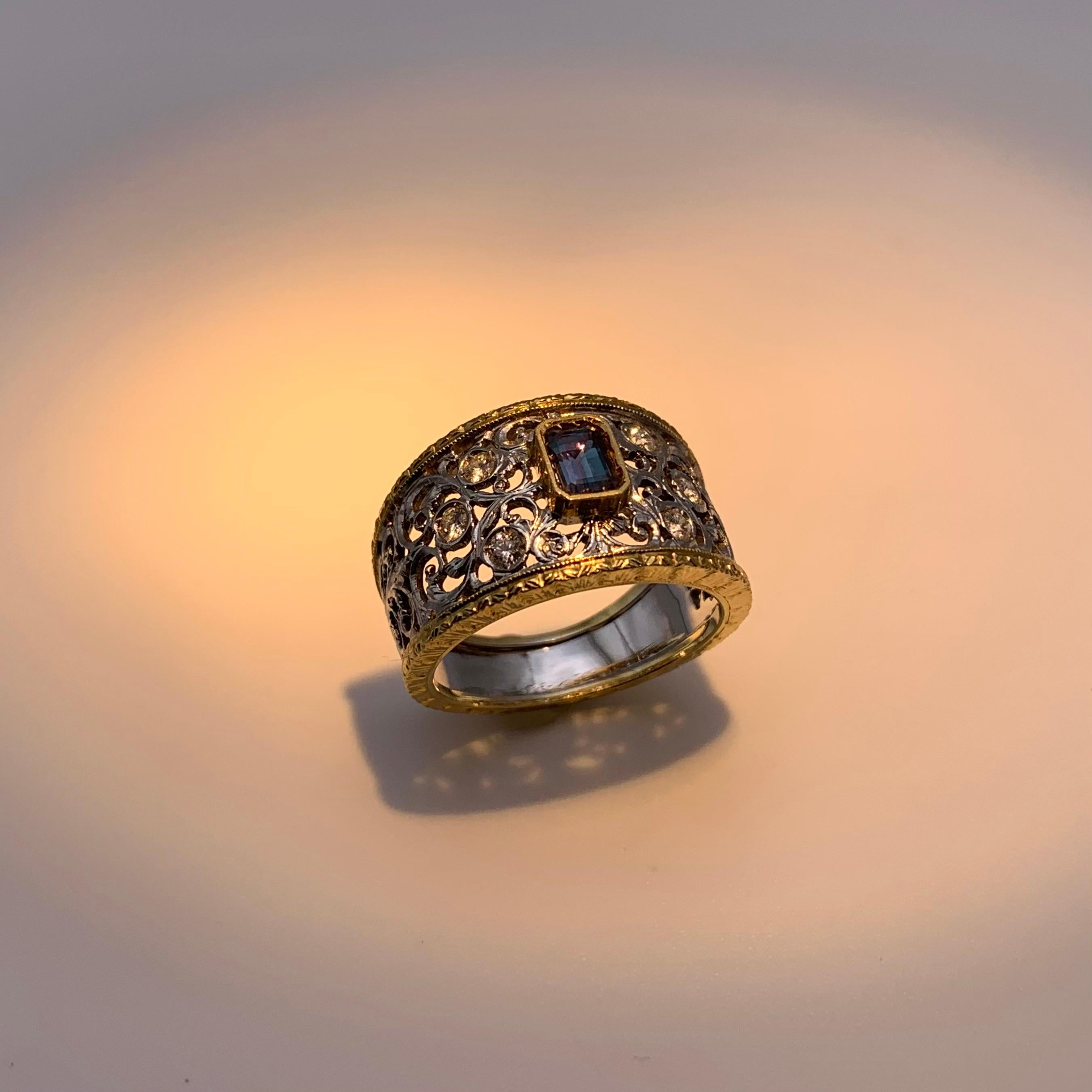 18KT Florentine Engraved .64 CT Alexandrite & Diamond Ring For Sale 6