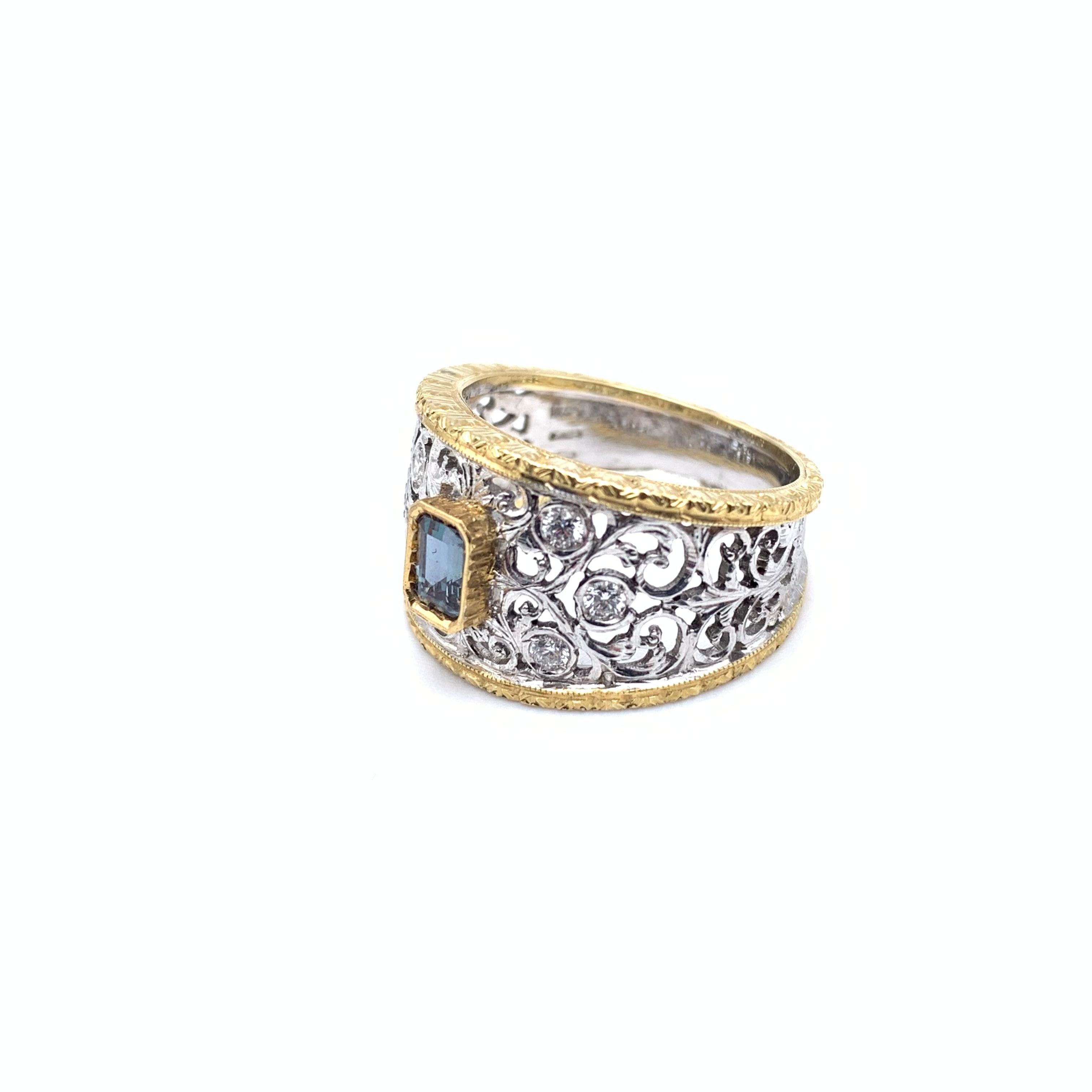 Regency 18KT Florentine Engraved .64 CT Alexandrite & Diamond Ring For Sale