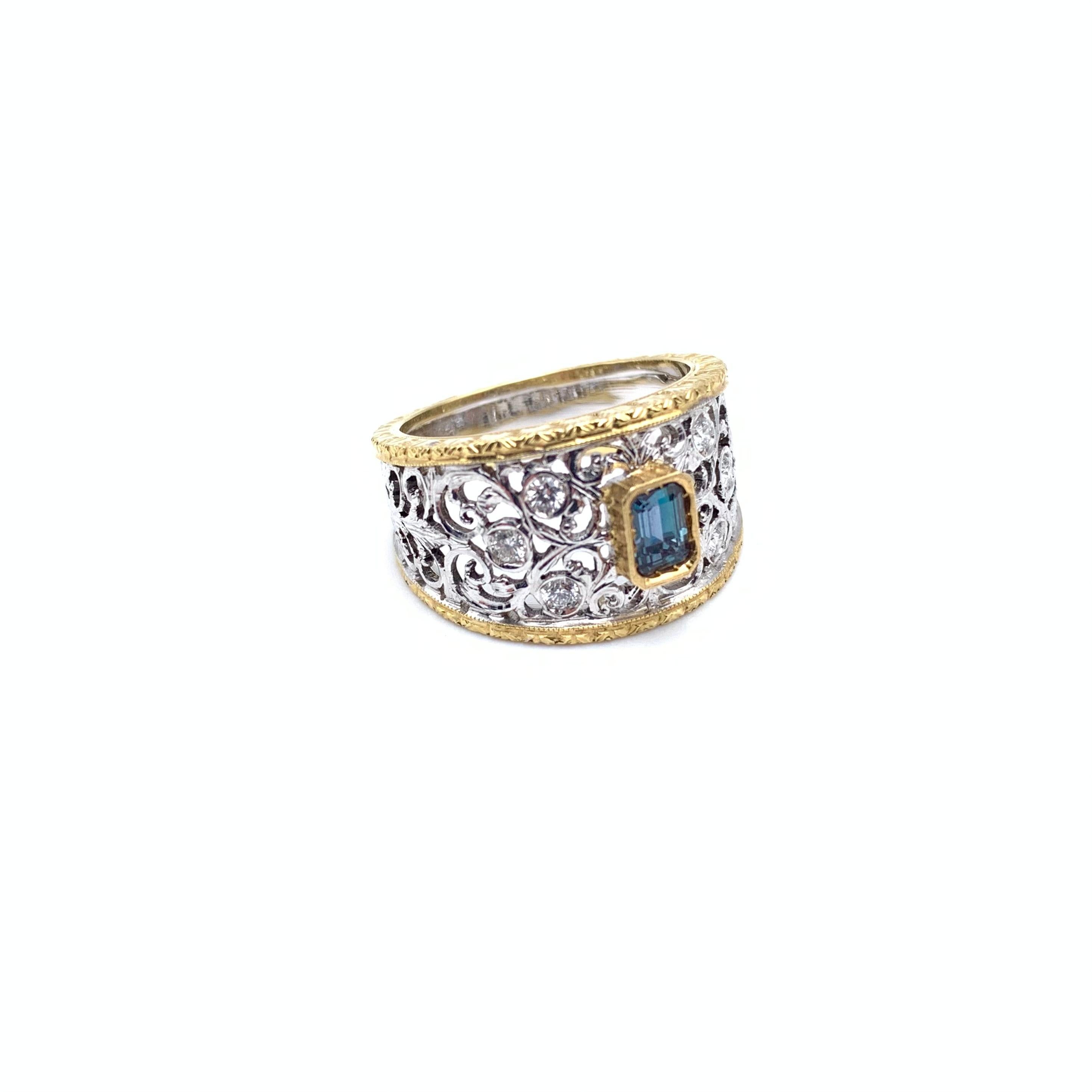 18KT Florentine Engraved .64 CT Alexandrite & Diamond Ring In Excellent Condition For Sale In Lynchburg, VA