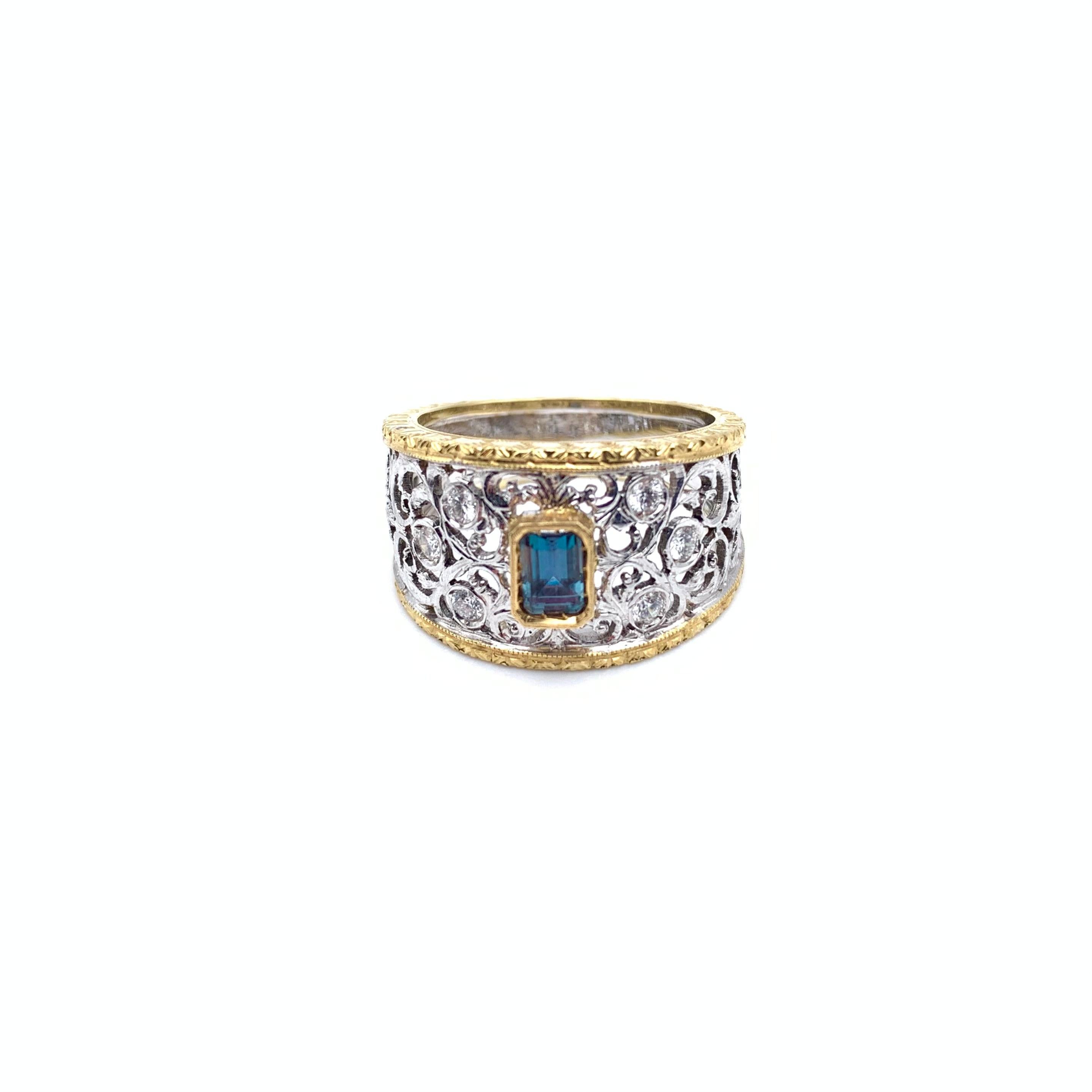 Women's 18KT Florentine Engraved .64 CT Alexandrite & Diamond Ring For Sale