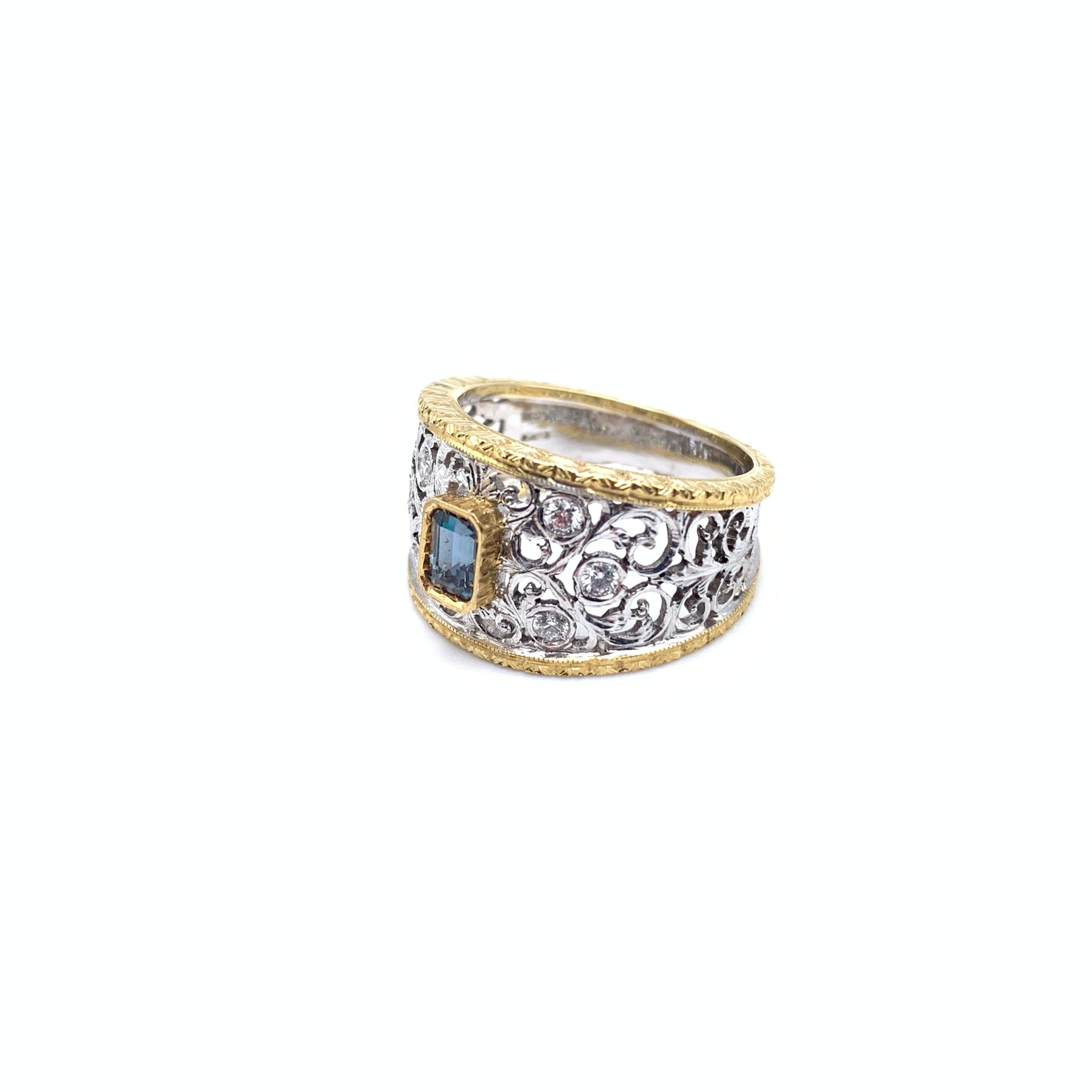 18KT Florentine Engraved .64 CT Alexandrite & Diamond Ring For Sale 2