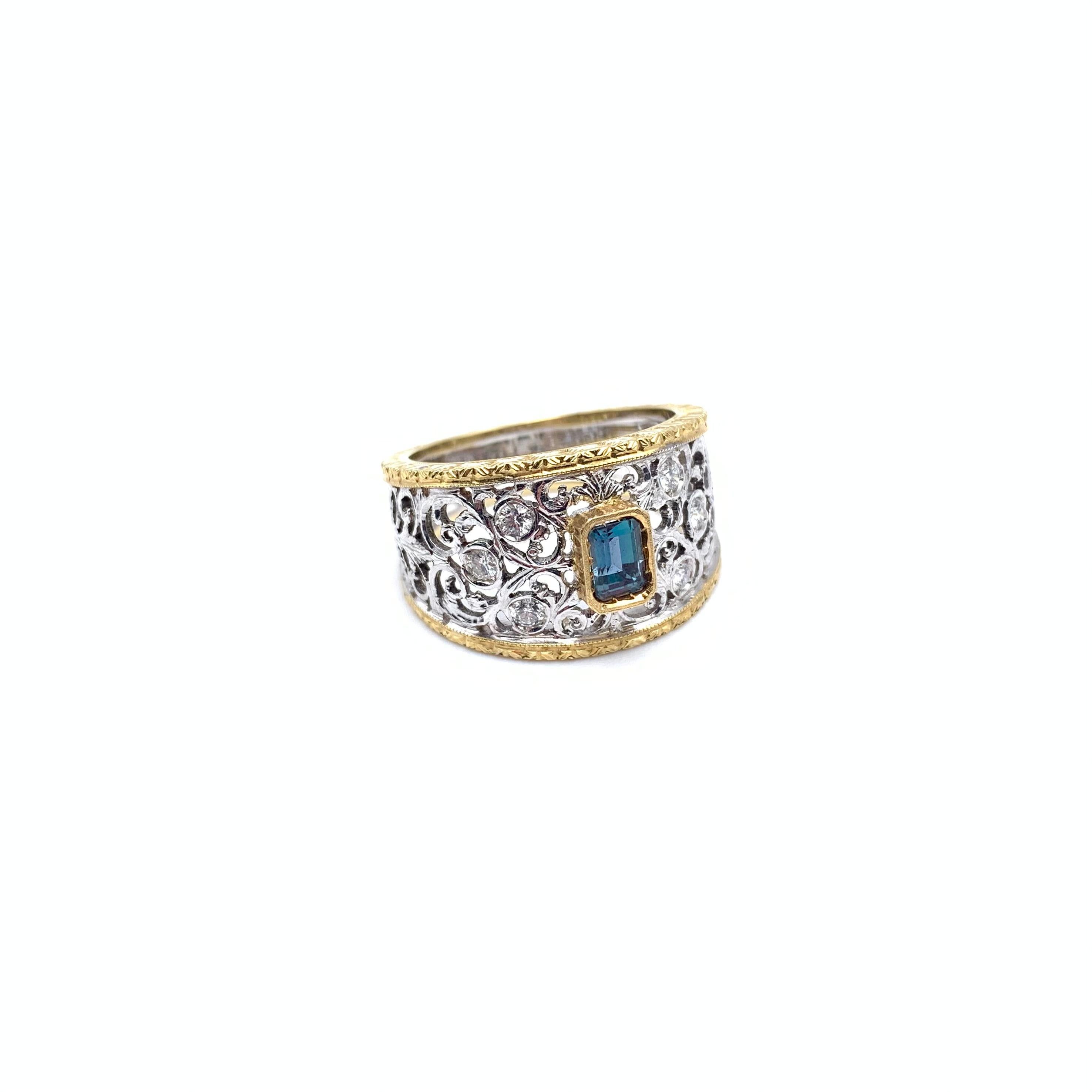 18KT Florentine Engraved .64 CT Alexandrite & Diamond Ring For Sale 3