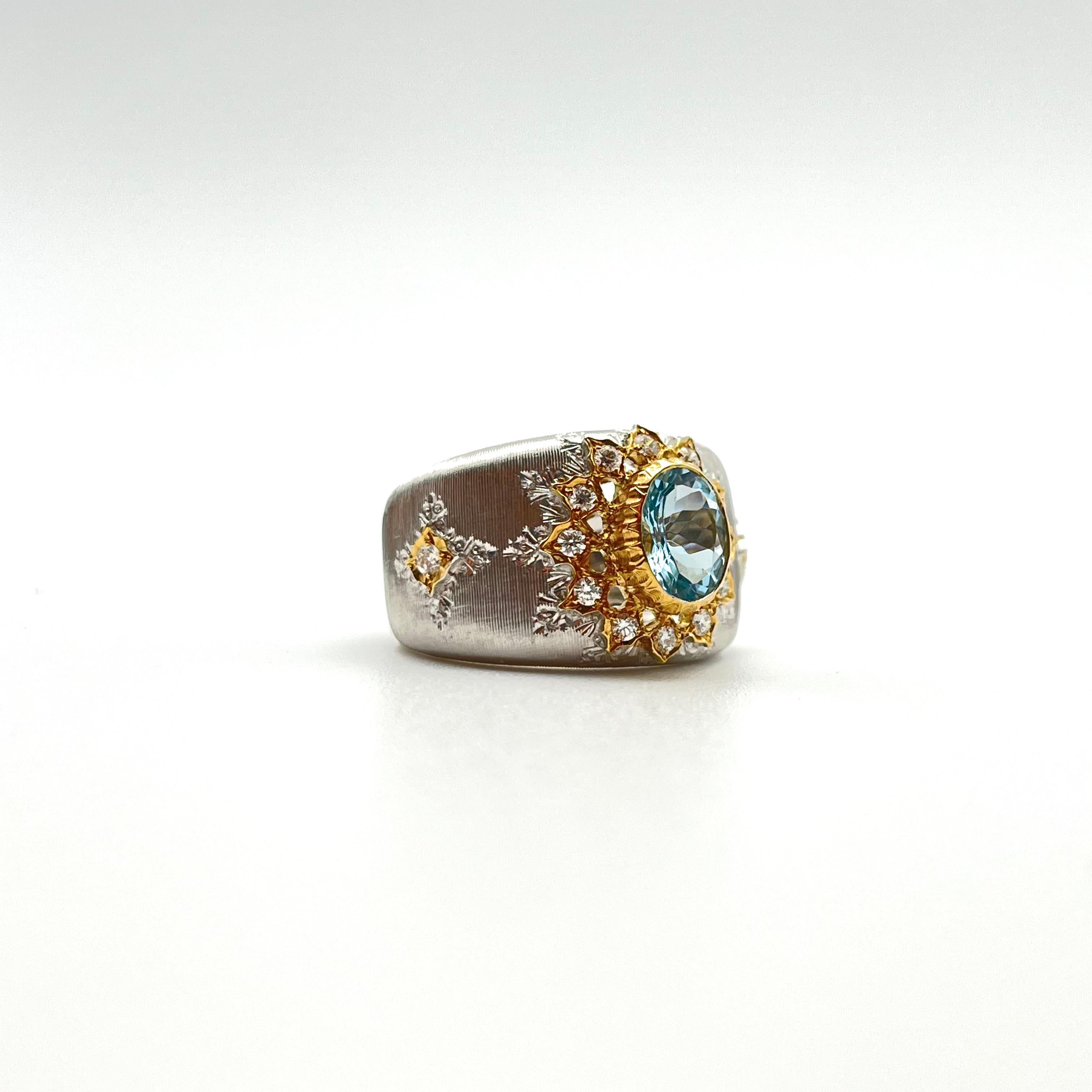 18KT Florentine Engraved Aquamarine and Diamond Ring For Sale 4