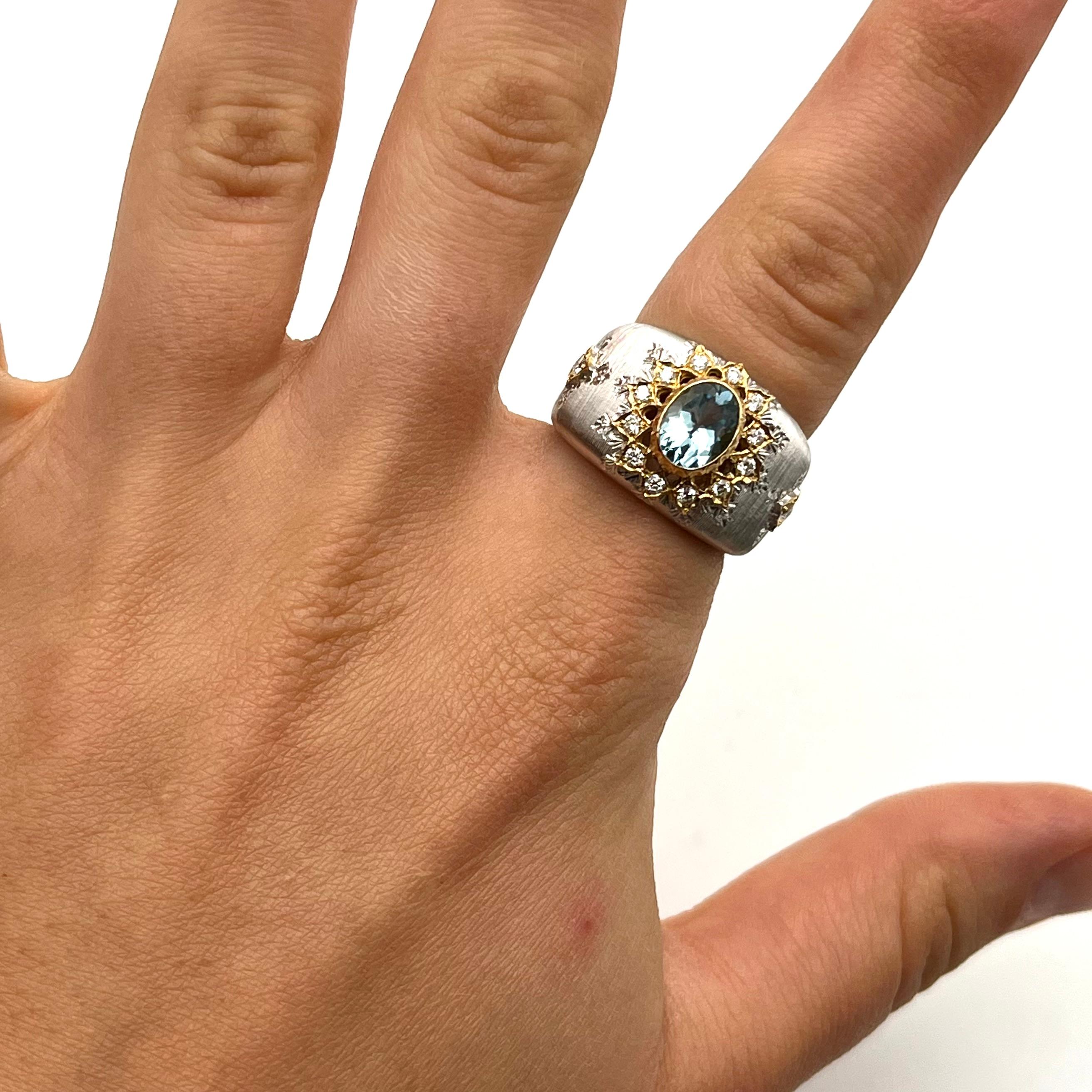 Revival 18KT Florentine Engraved Aquamarine and Diamond Ring For Sale