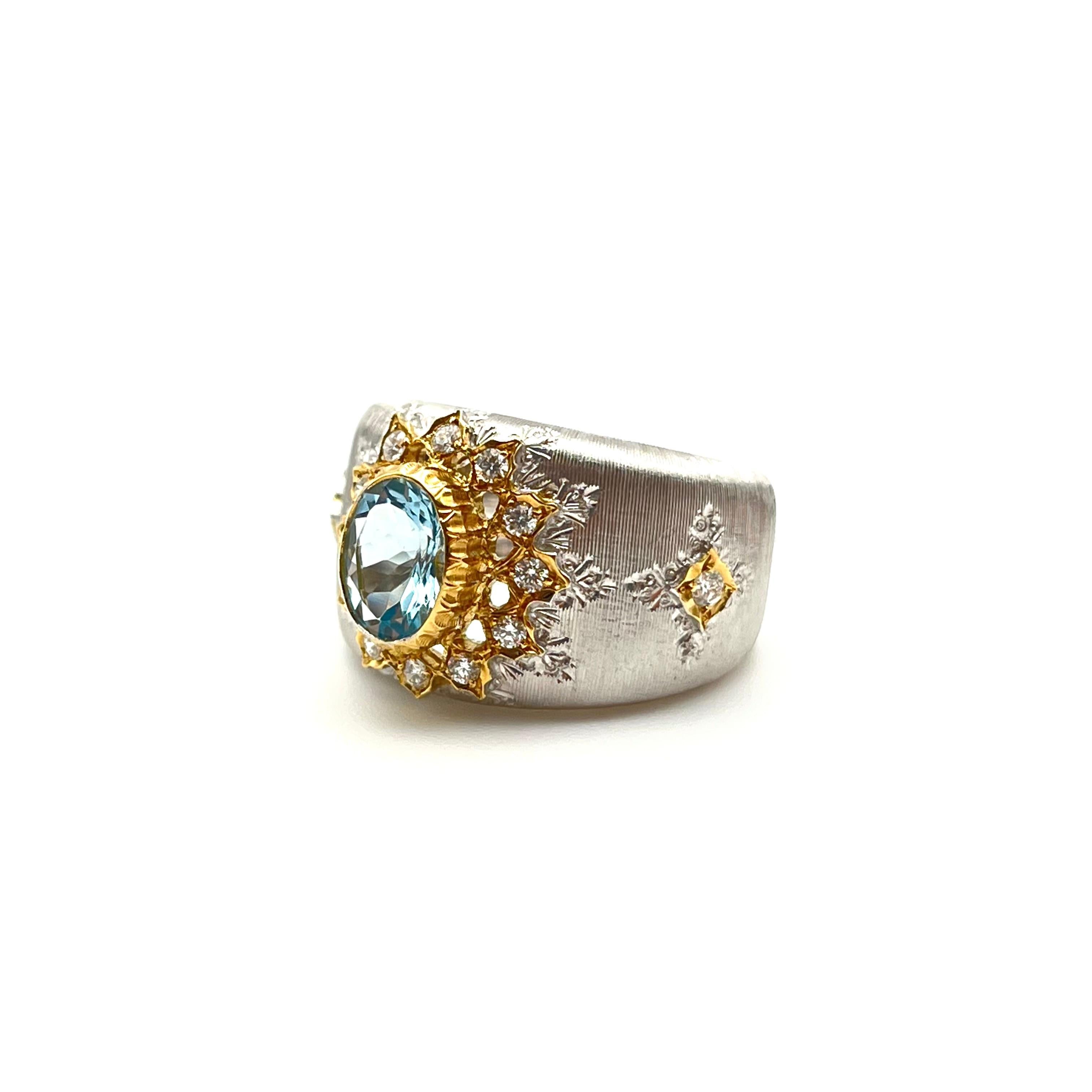 Oval Cut 18KT Florentine Engraved Aquamarine and Diamond Ring For Sale