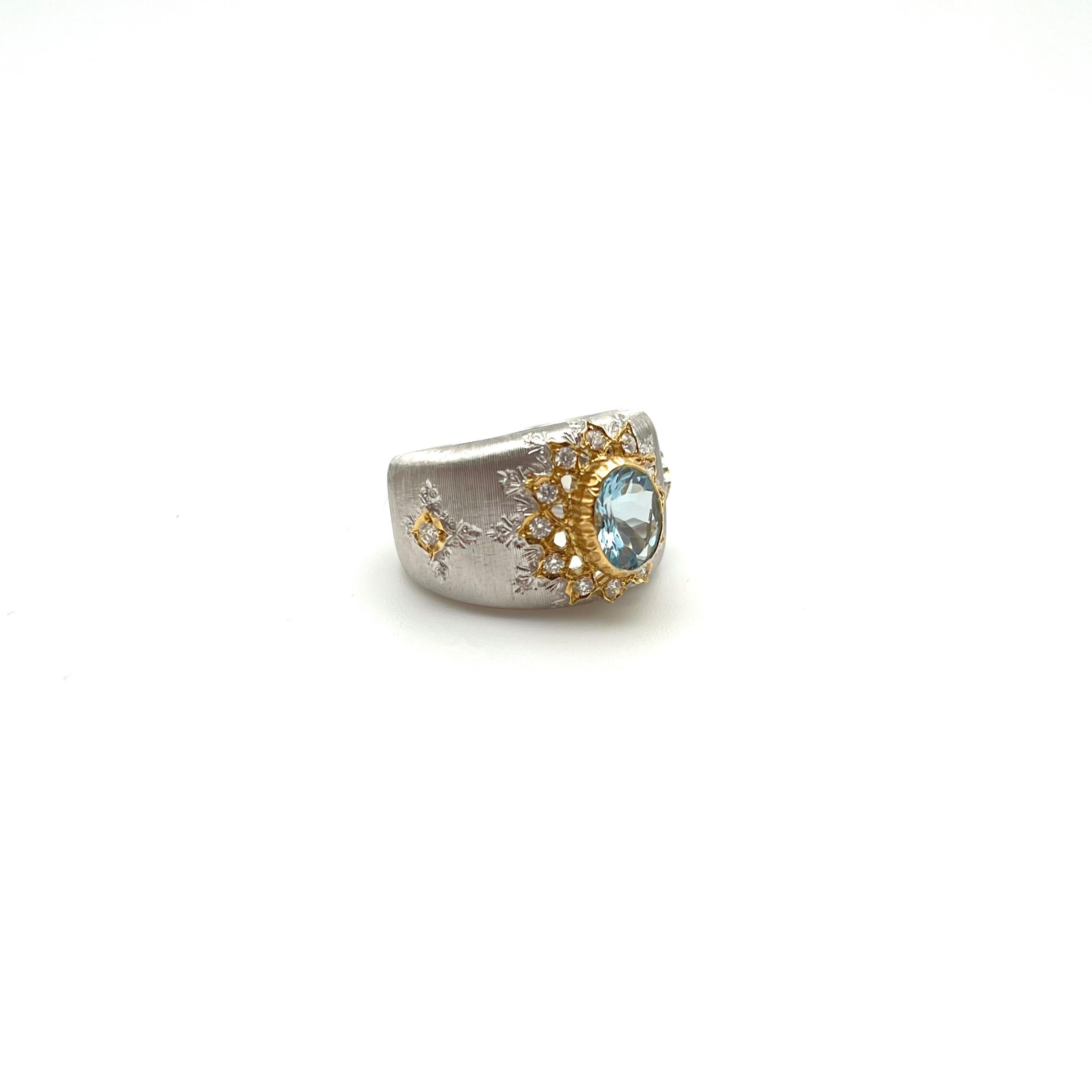 18KT Florentine Engraved Aquamarine and Diamond Ring In Excellent Condition For Sale In Lynchburg, VA