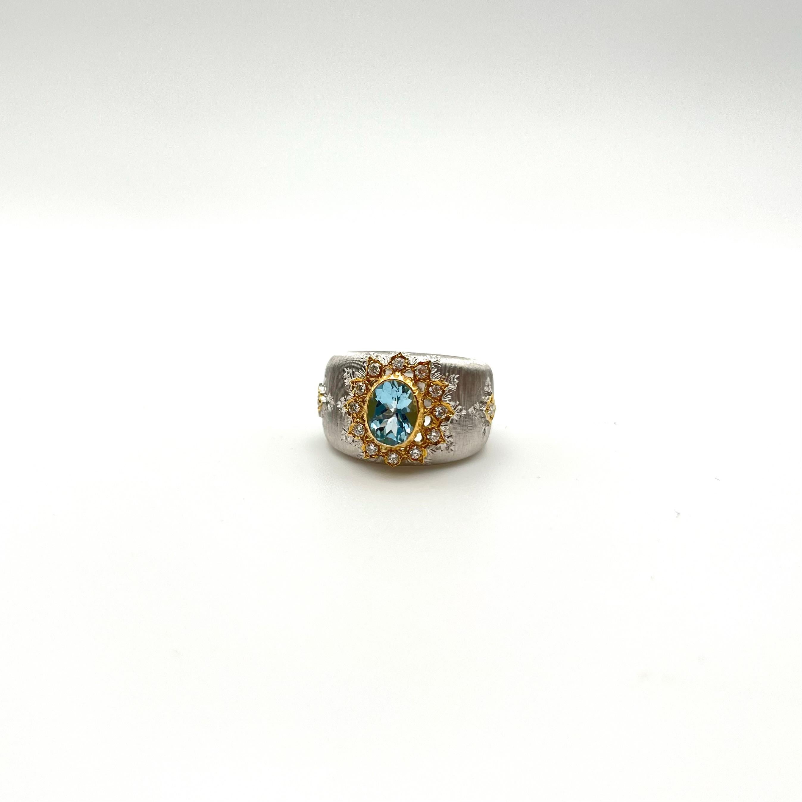 Women's 18KT Florentine Engraved Aquamarine and Diamond Ring For Sale