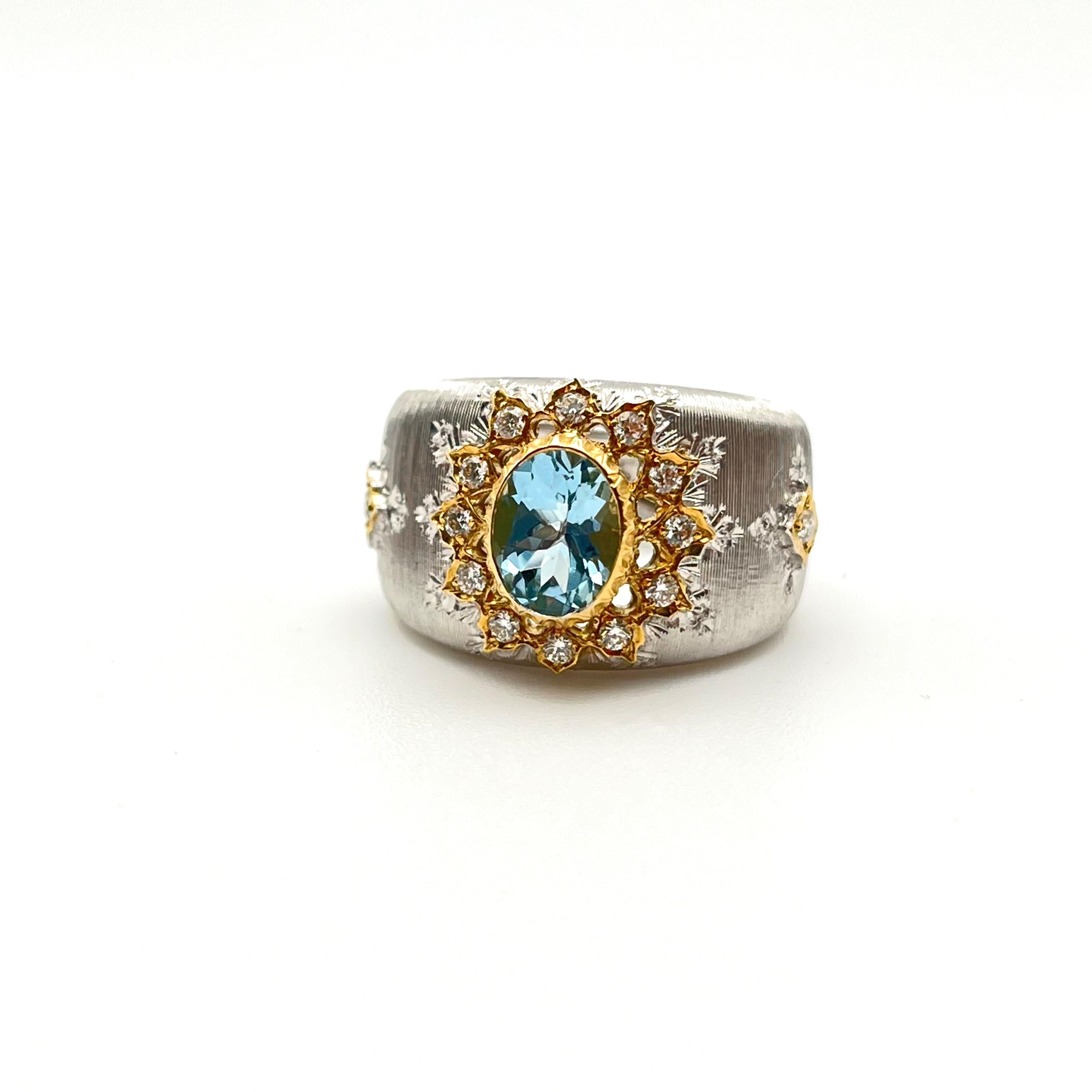 18KT Florentine Engraved Aquamarine and Diamond Ring For Sale 2