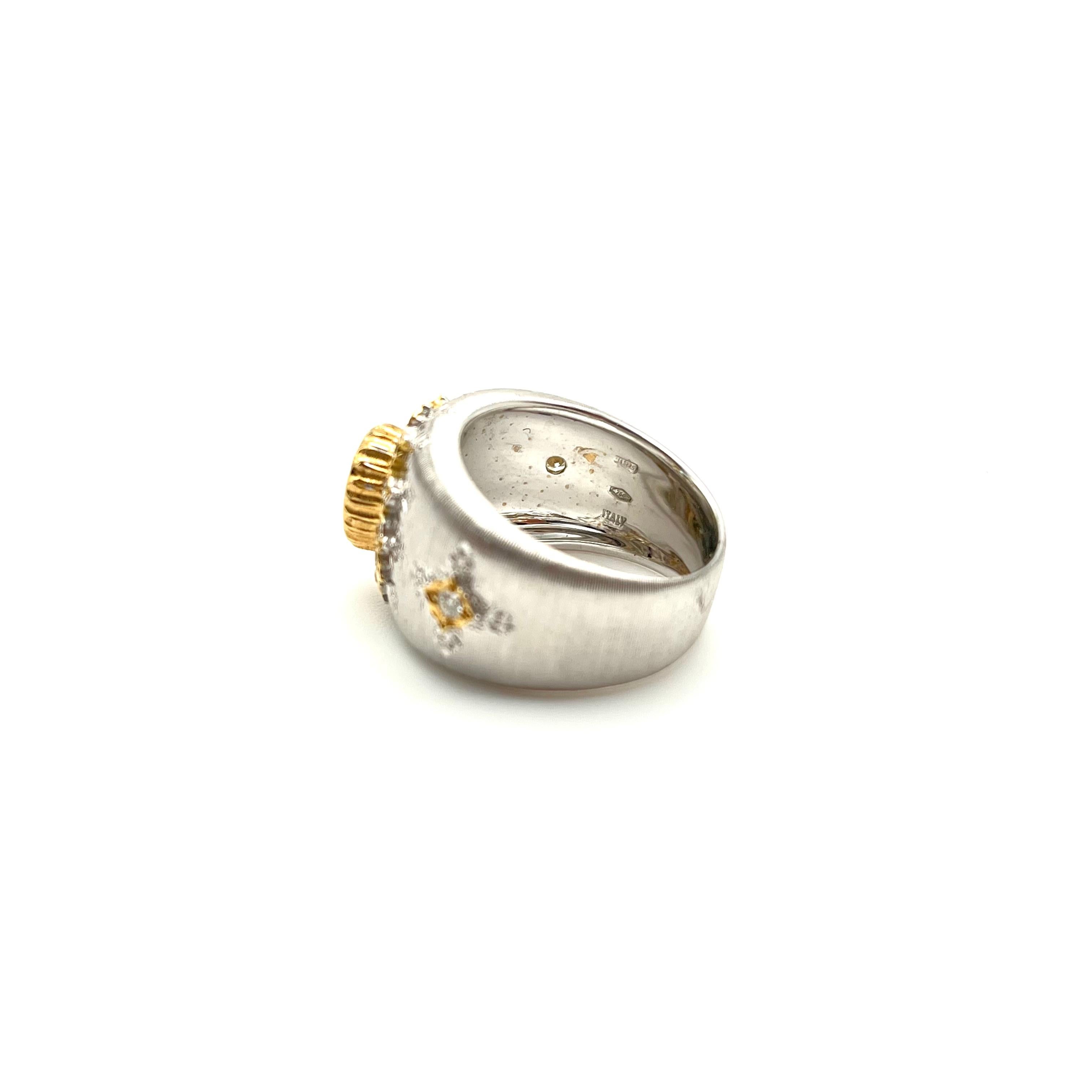 18KT Florentine Engraved Aquamarine and Diamond Ring For Sale 3