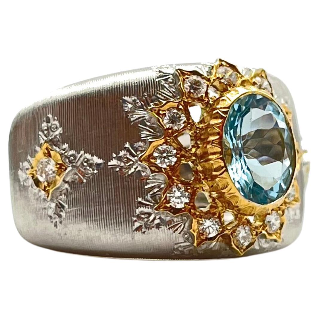 18KT Florentine Engraved Aquamarine and Diamond Ring