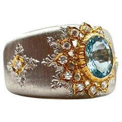 18KT Florentine Engraved Aquamarine and Diamond Ring 