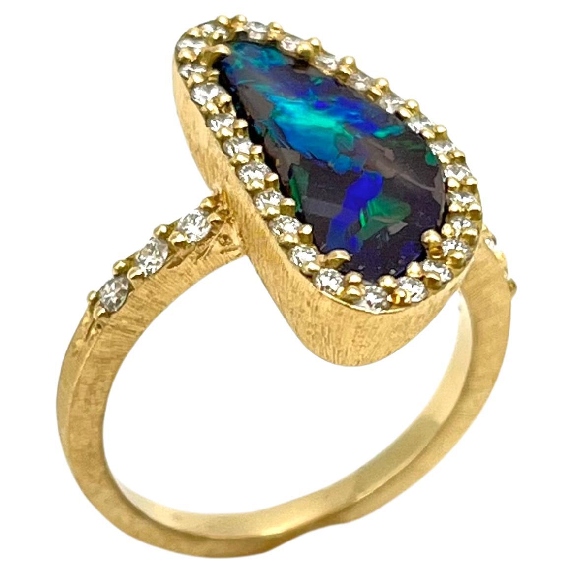 18KT Florentine Engraved Australian Opal & Diamond Ring