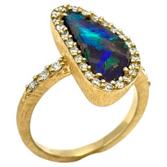 18KT Florentine Engraved Australian Opal & Diamond Ring