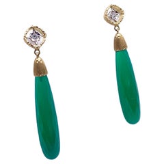 18KT Florentine Engraved Briolette Cut Green Onyx & Diamond Earrings