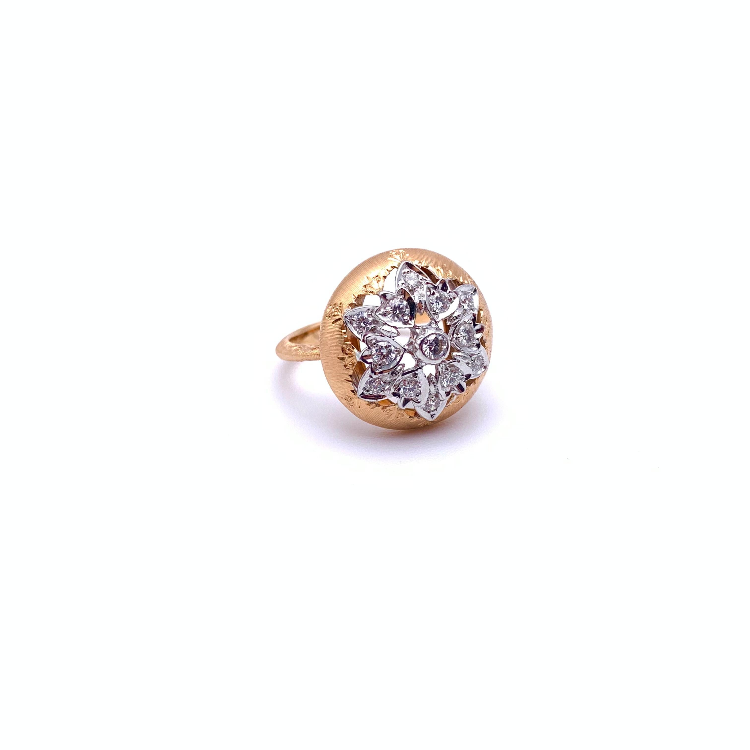 Round Cut 18KT Florentine Engraved Button Diamond Ring For Sale