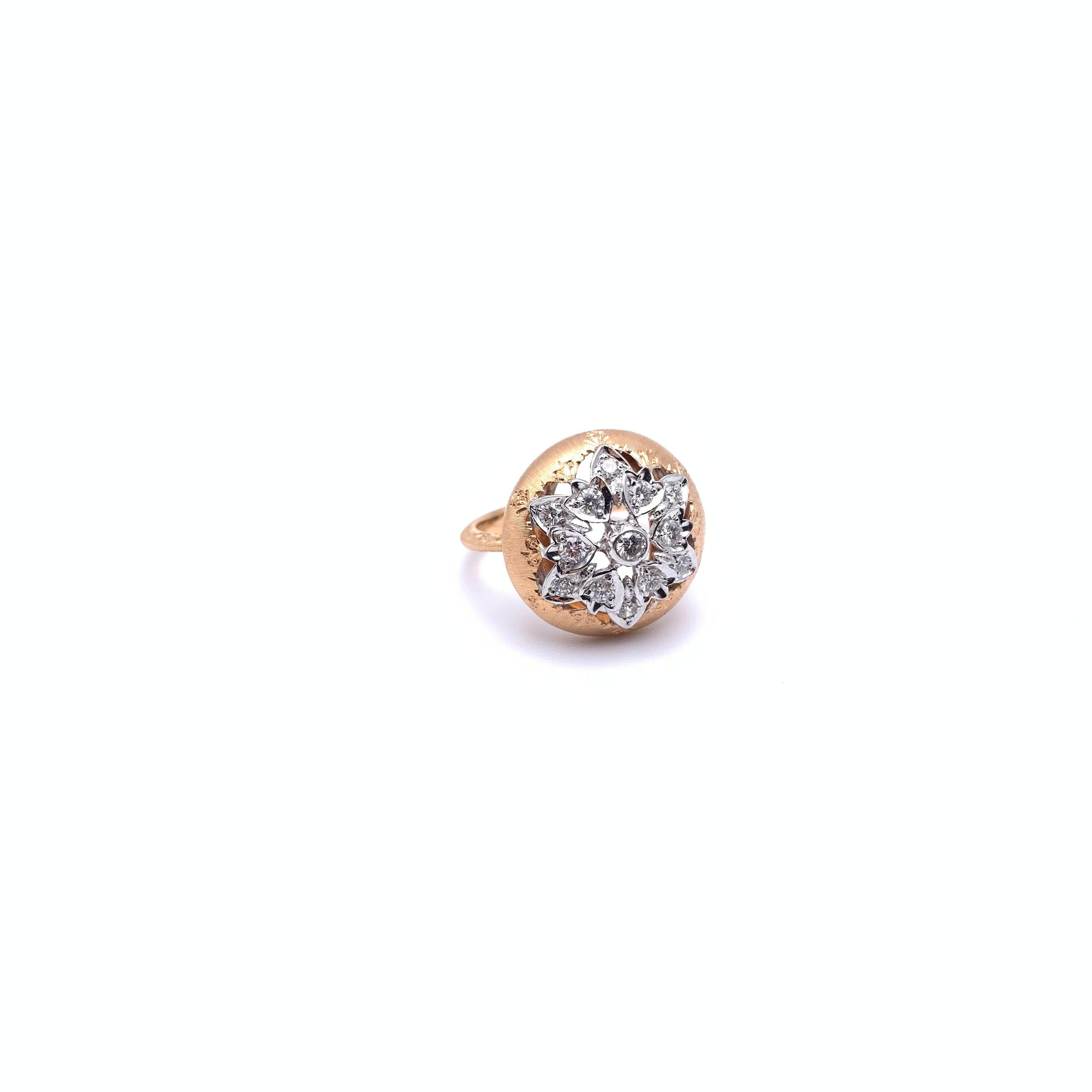 18KT Florentine Engraved Button Diamond Ring In Excellent Condition For Sale In Lynchburg, VA