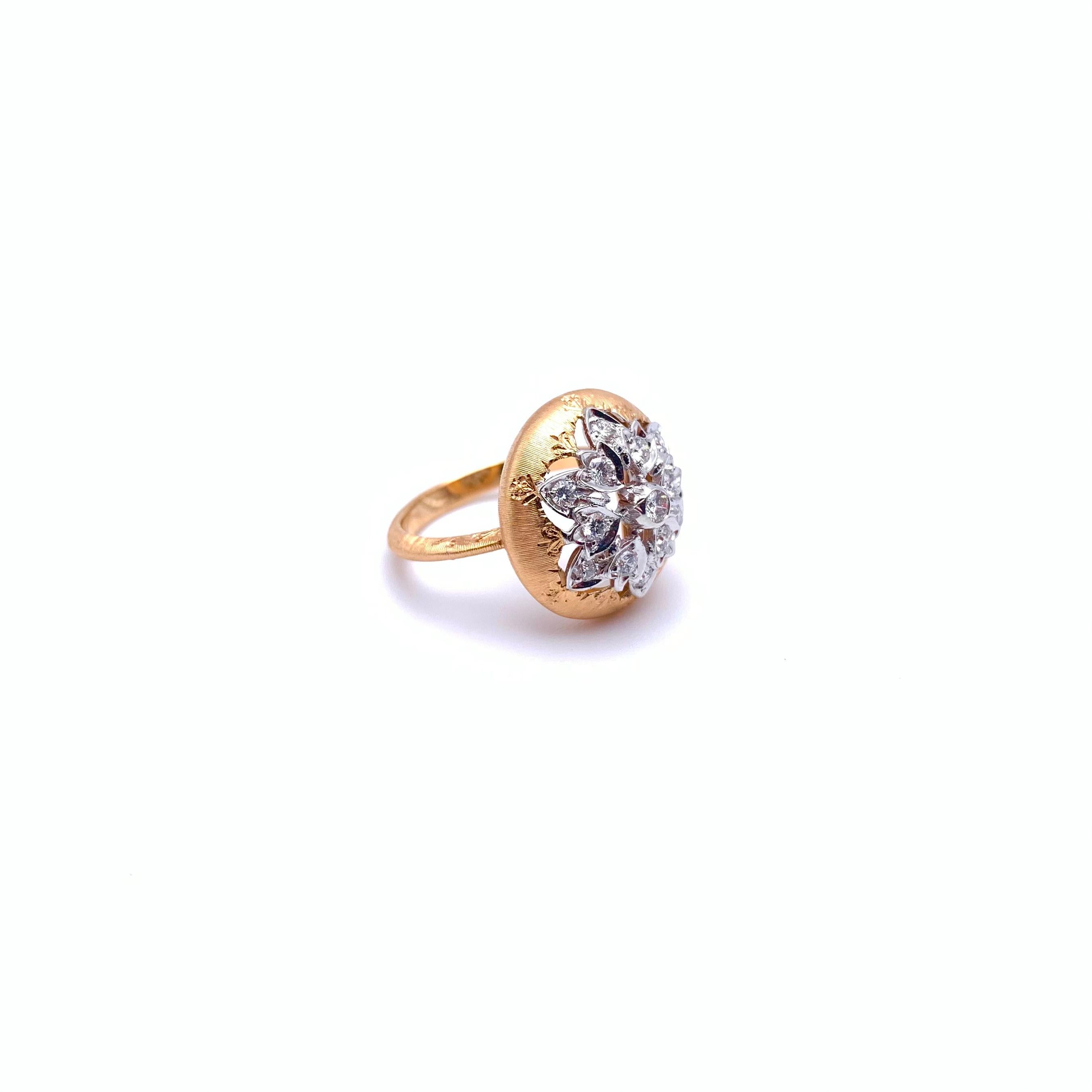 Women's 18KT Florentine Engraved Button Diamond Ring For Sale