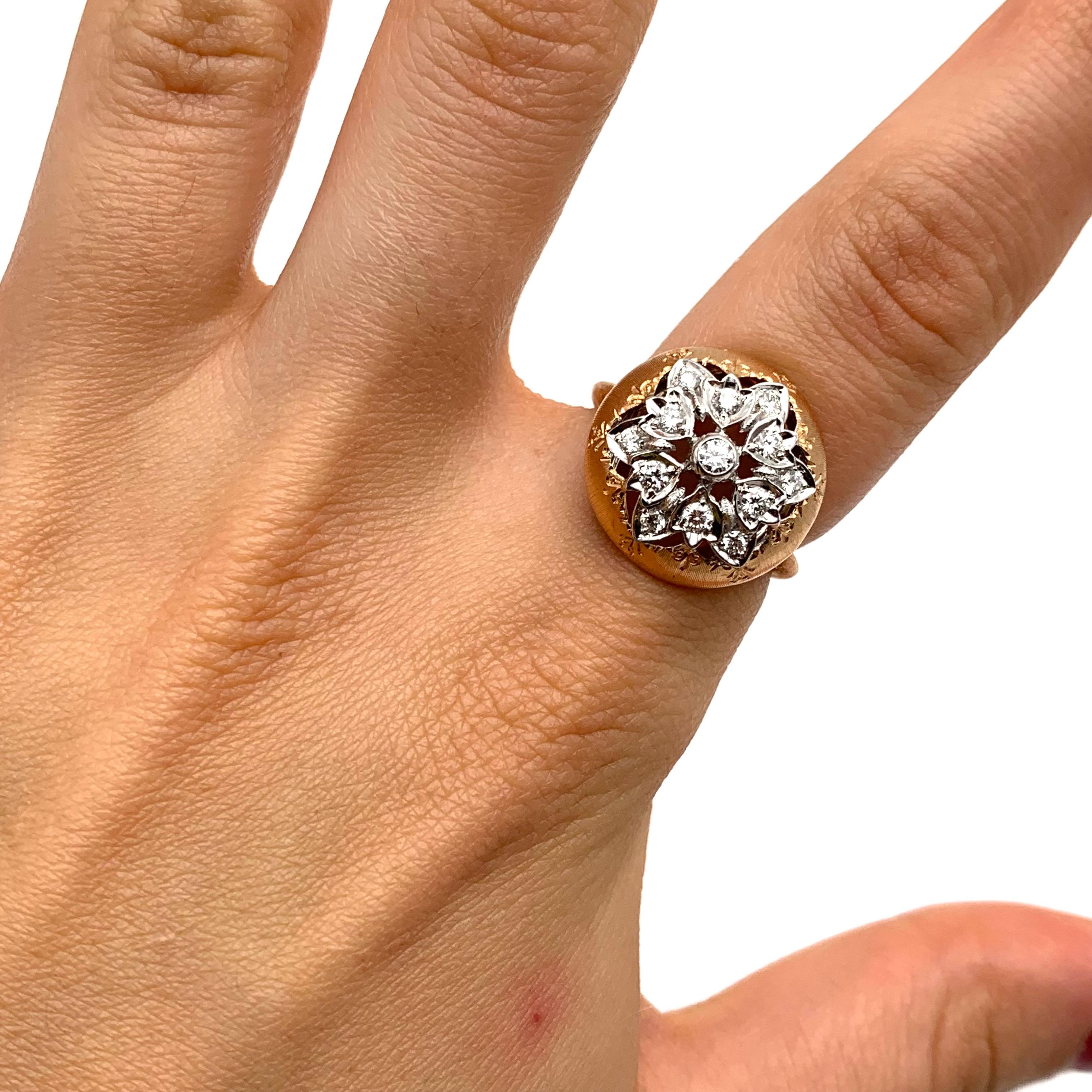 18KT Florentine Engraved Button Diamond Ring For Sale 2