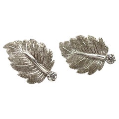 18KT Florentine Engraved Diamond Accent Leaf Studs