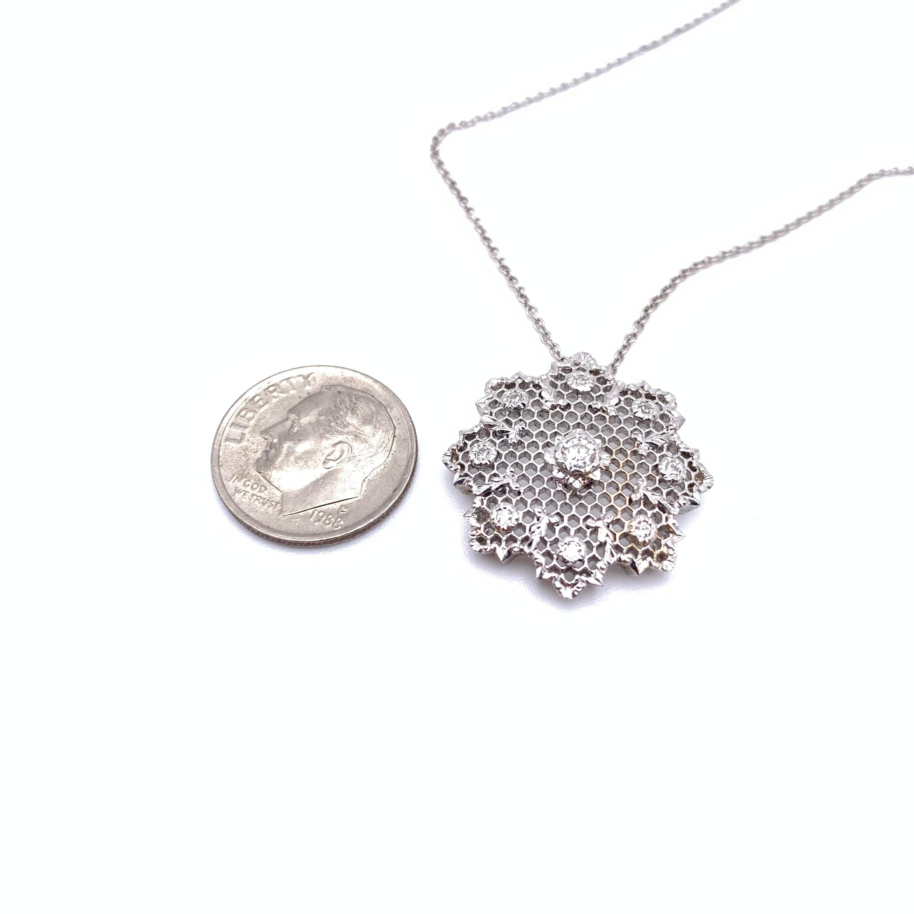 Round Cut 18KT Florentine Engraved Diamond Lattice Pendant with Chain
