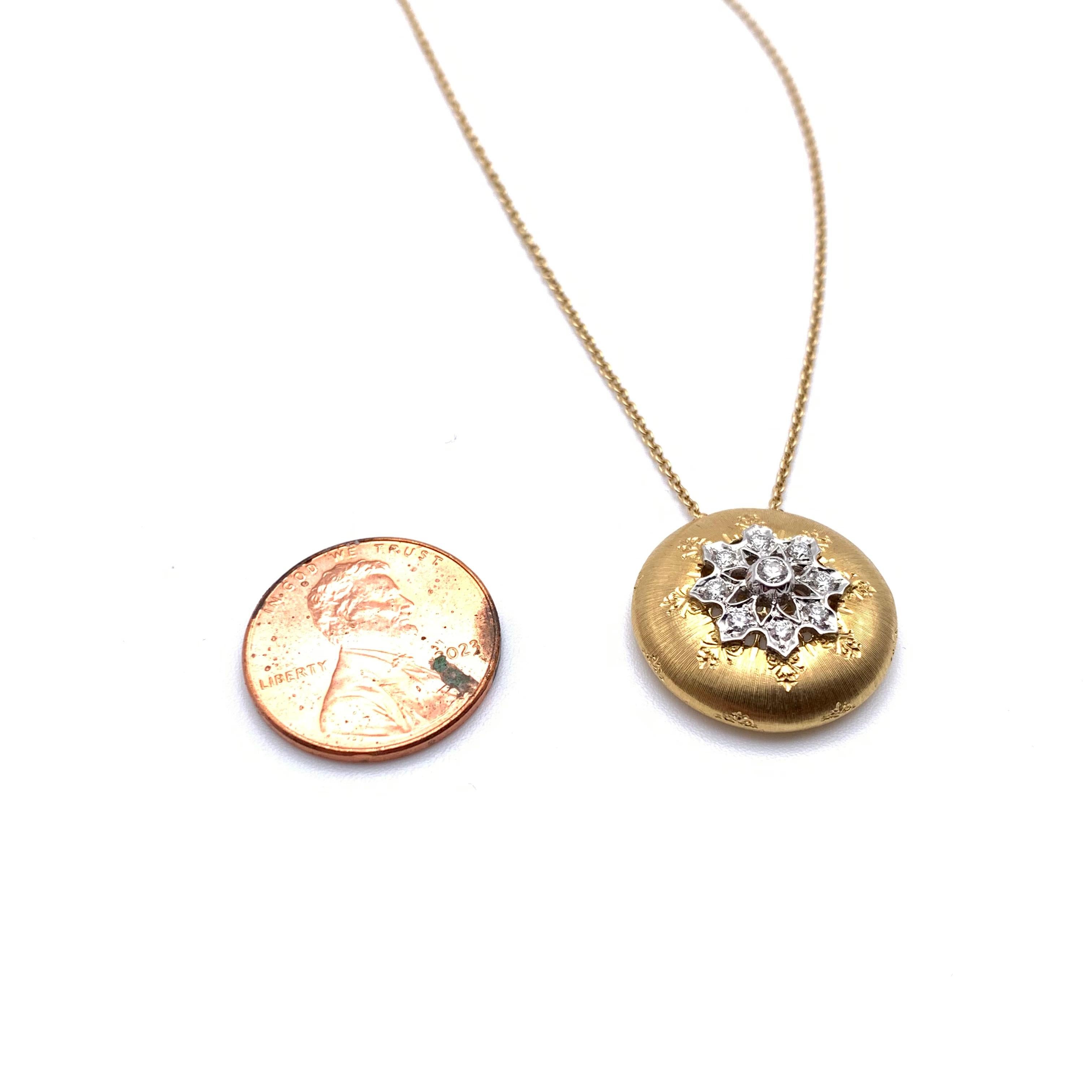 Handcrafted in Florence, Italy, this piece was made by a multigenerational goldsmith with each fine line being hand-carved to give the pendant a lustrous silk effect. The technique applied is known as Florentine engraving, a style synonymous with