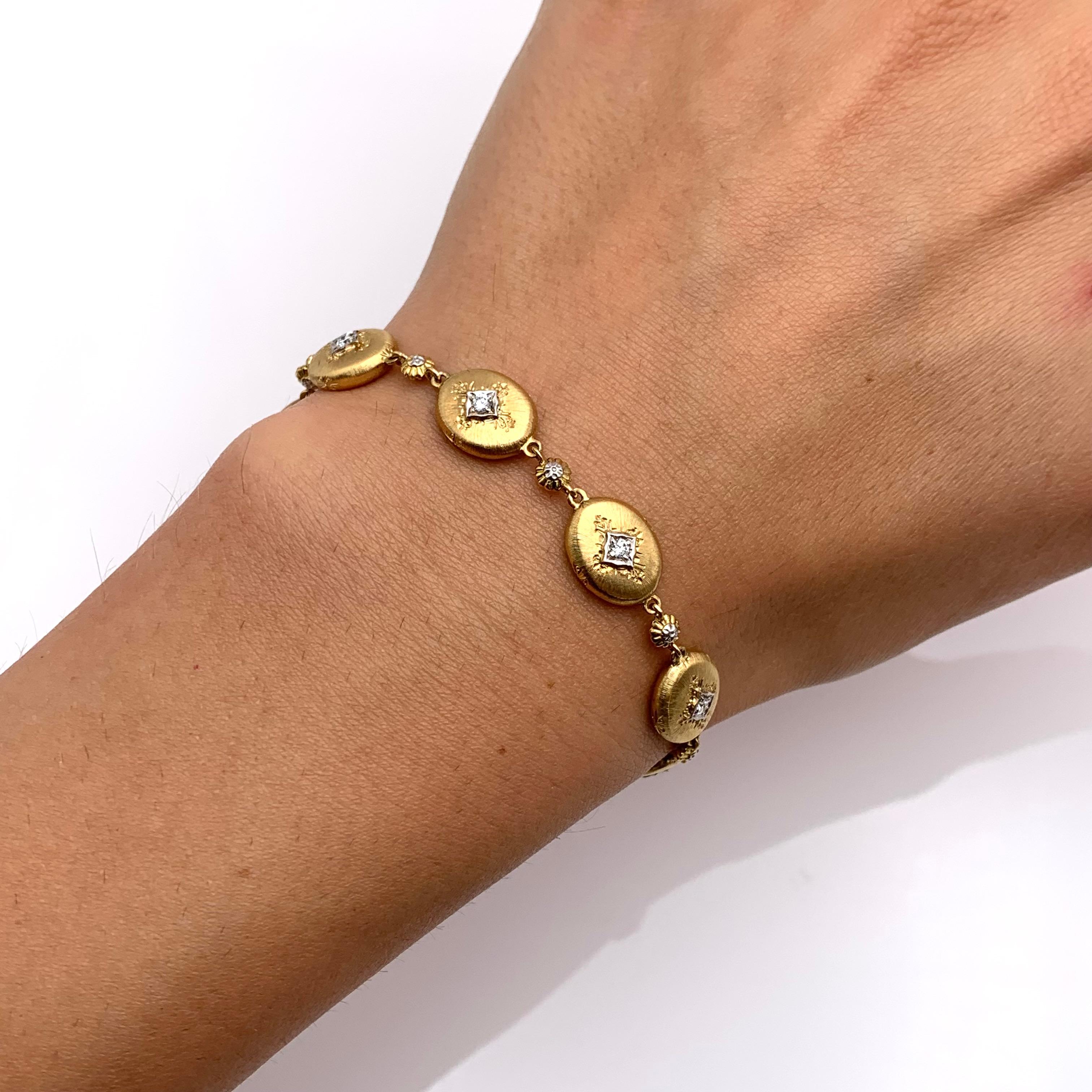 Ce magnifique bracelet de gare a été fabriqué à la main par un bijoutier familial à l'extérieur de Florence, en Italie. Il est réalisé en or jaune massif 18 carats, chaque ligne de soie étant individuellement sculptée dans l'or pour lui donner sa