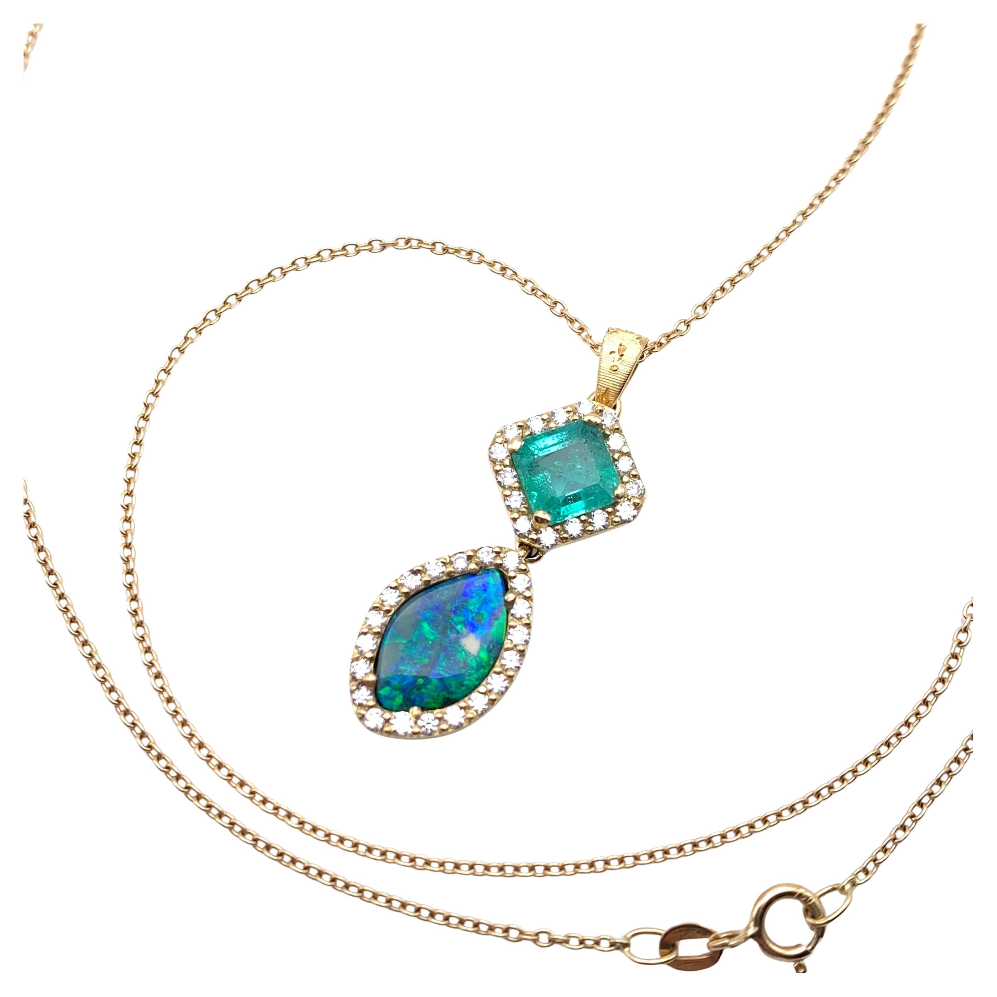 18KT Florentine Engraved Emerald Opal and Diamond Pendant