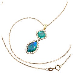 18KT Florentine Engraved Emerald Opal and Diamond Pendant