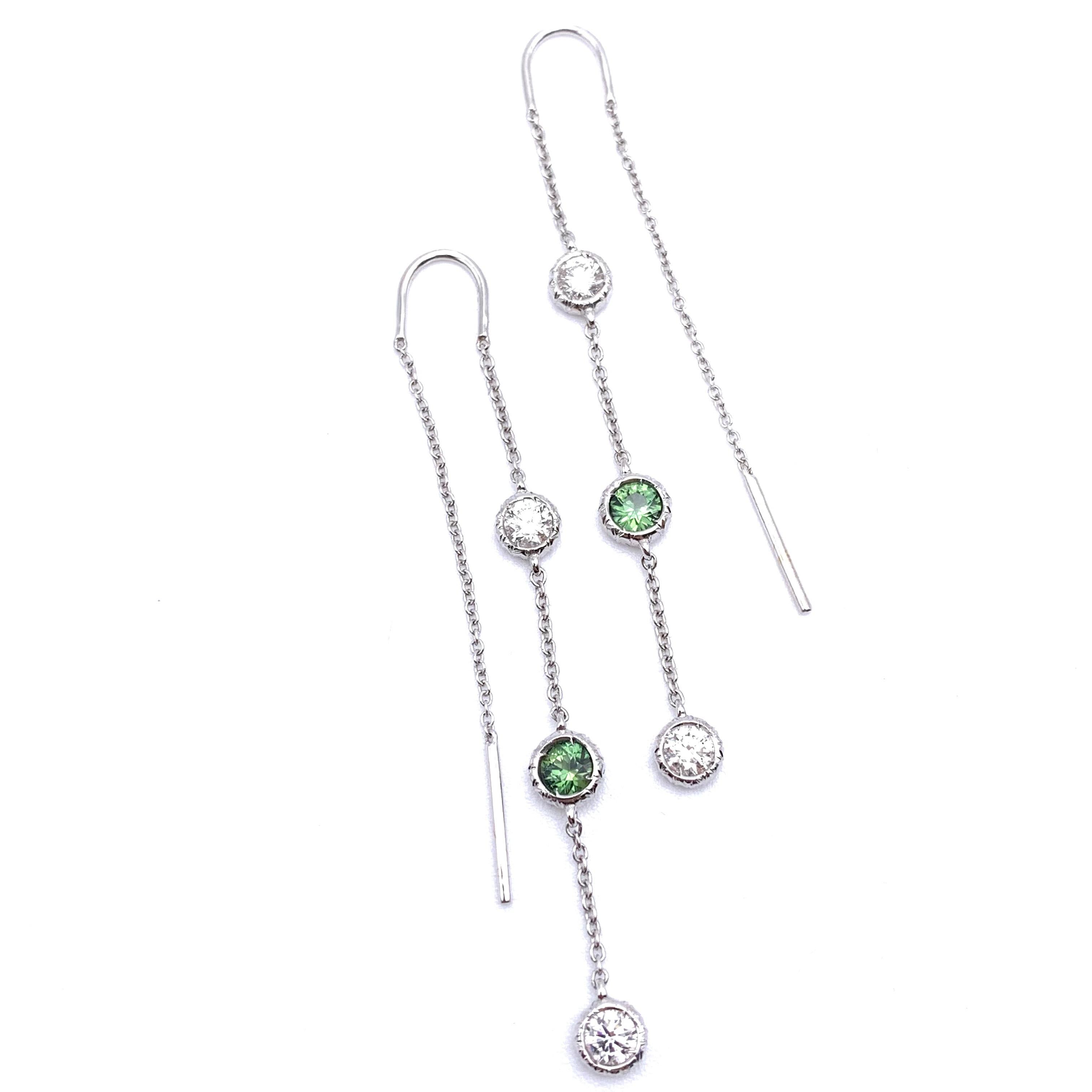 Neoclassical 18KT Florentine Engraved Green Sapphire and Diamond Threader Earrings For Sale