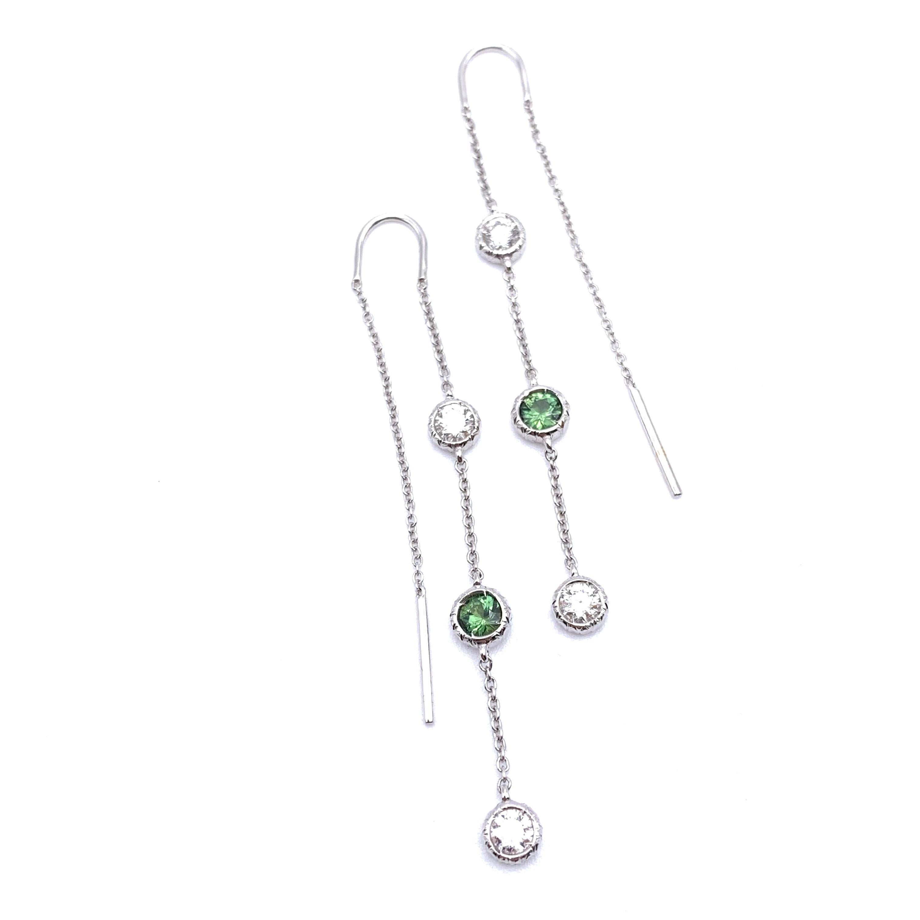Round Cut 18KT Florentine Engraved Green Sapphire and Diamond Threader Earrings For Sale