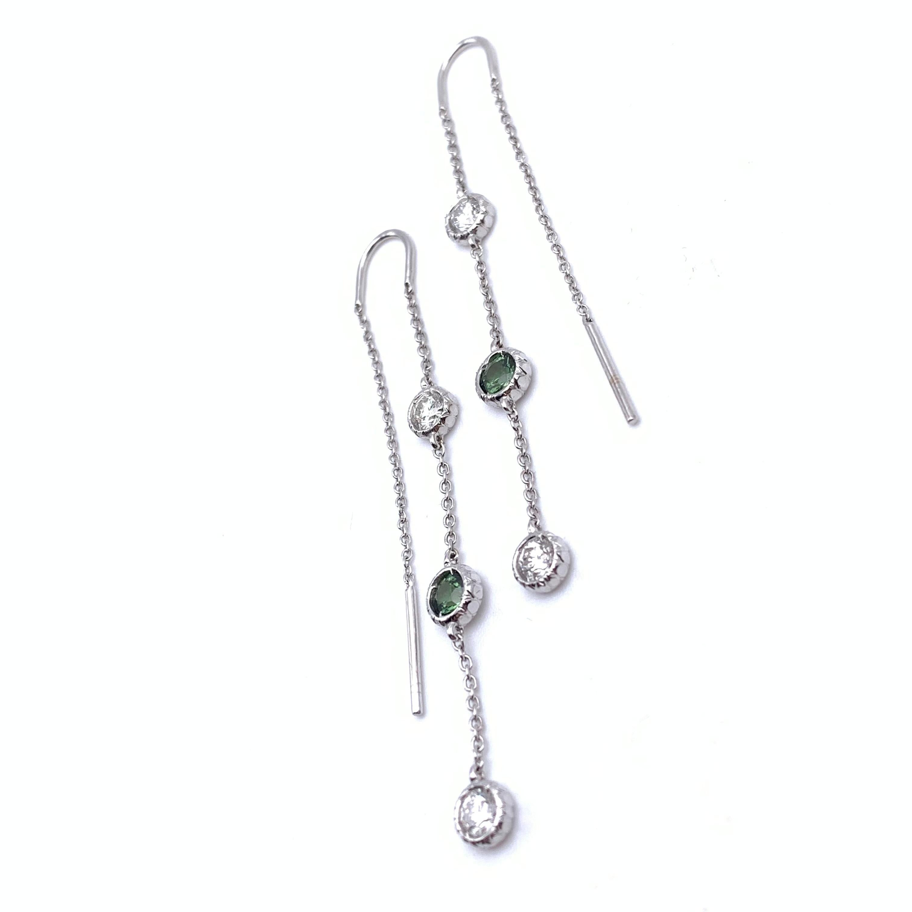 18KT Florentine Engraved Green Sapphire and Diamond Threader Earrings In Excellent Condition For Sale In Lynchburg, VA