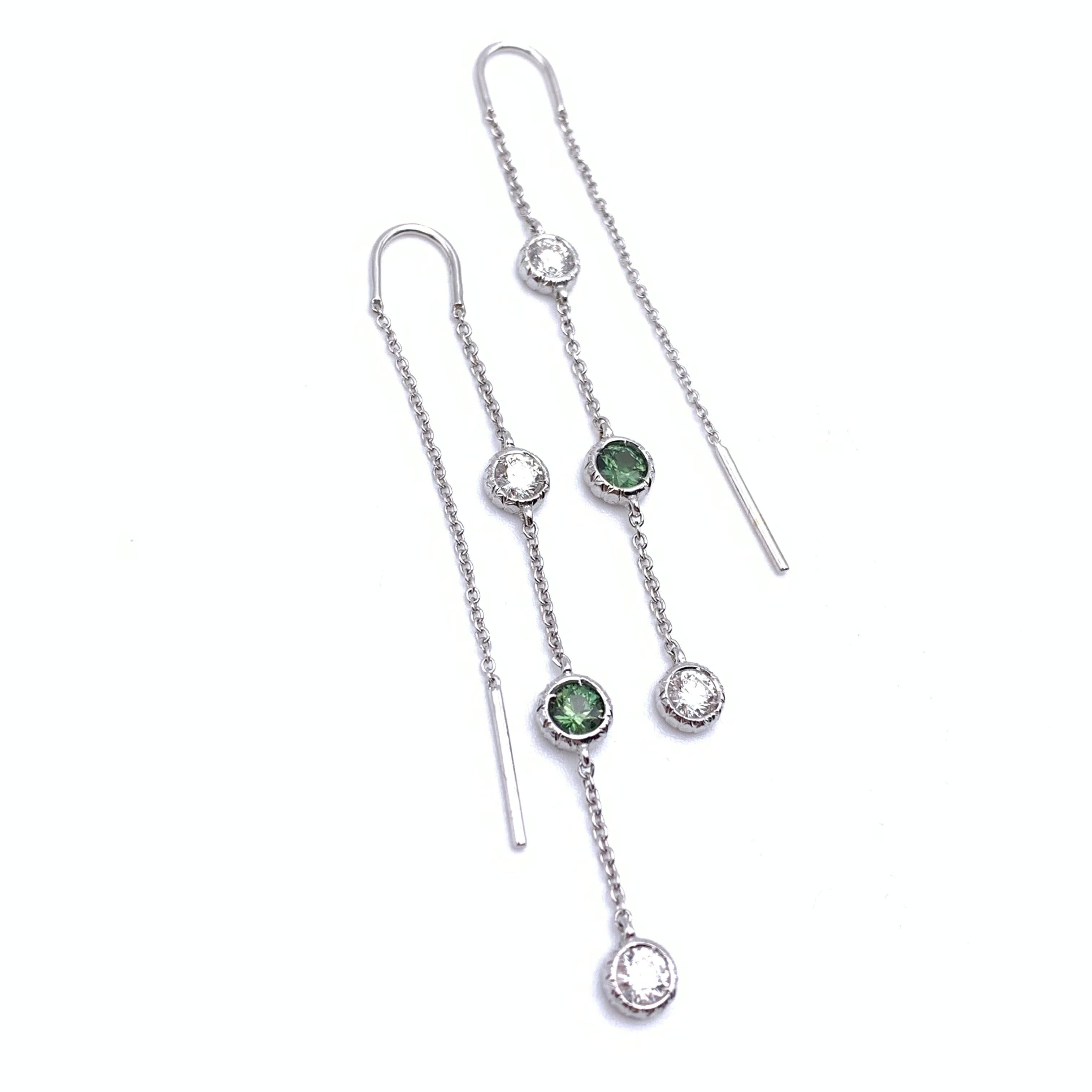 Women's 18KT Florentine Engraved Green Sapphire and Diamond Threader Earrings For Sale