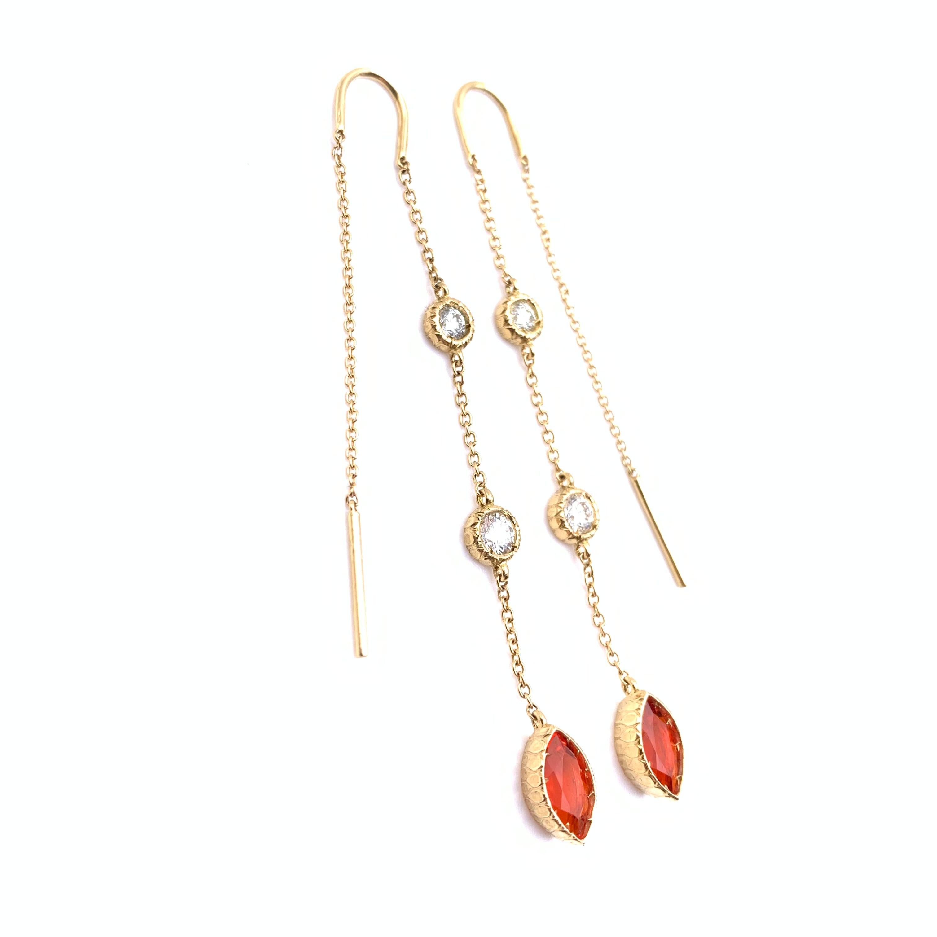 Neoclassical 18KT Florentine Engraved Imperial Topaz and Diamond Threader Earrings For Sale