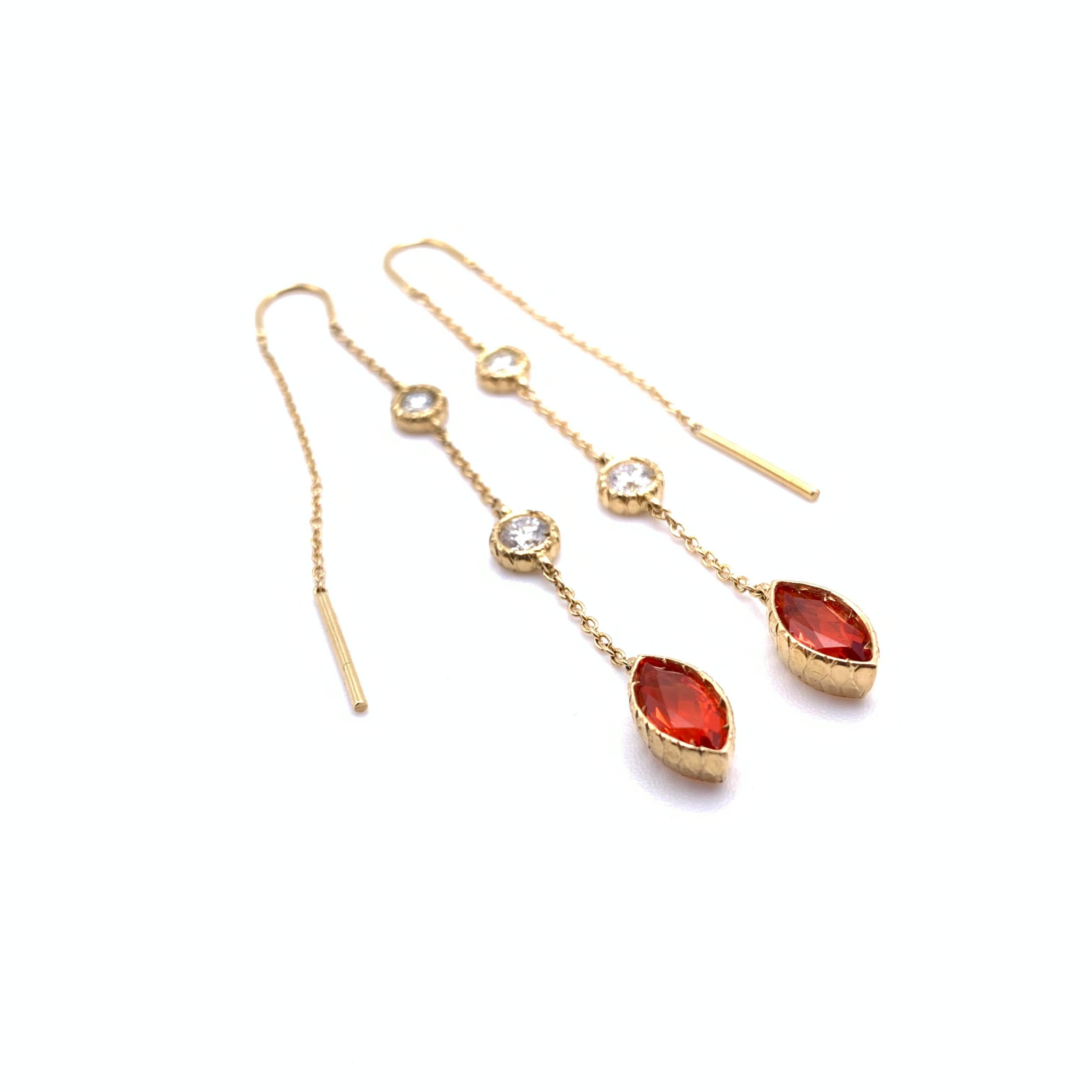 Marquise Cut 18KT Florentine Engraved Imperial Topaz and Diamond Threader Earrings For Sale