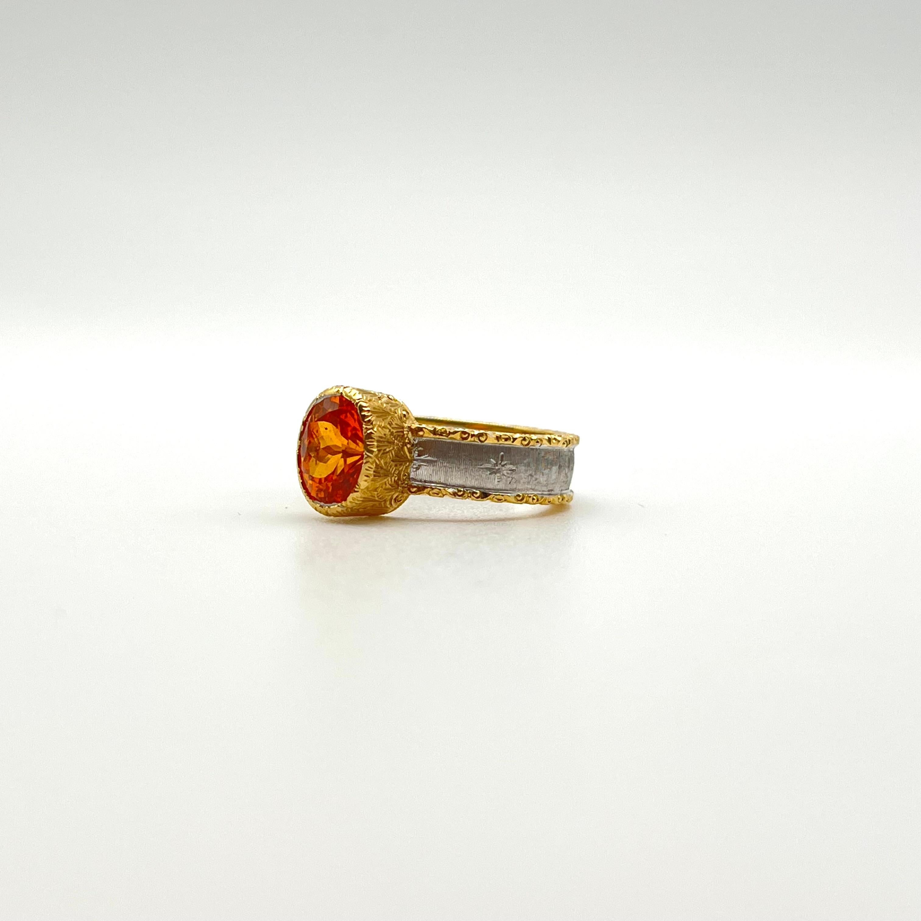 18KT Florentine Engraved Mandarin Garnet Ring For Sale 6
