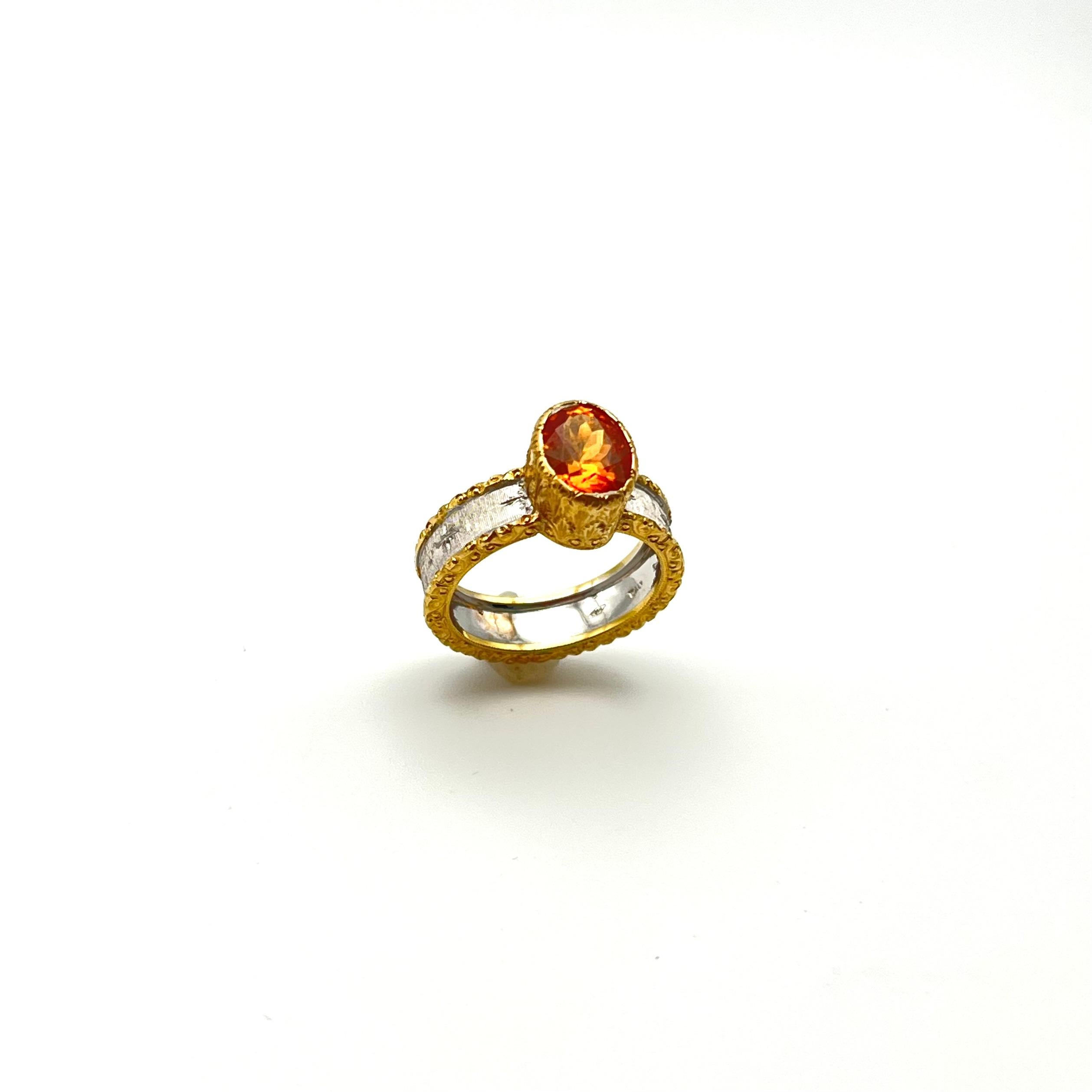 Oval Cut 18KT Florentine Engraved Mandarin Garnet Ring For Sale