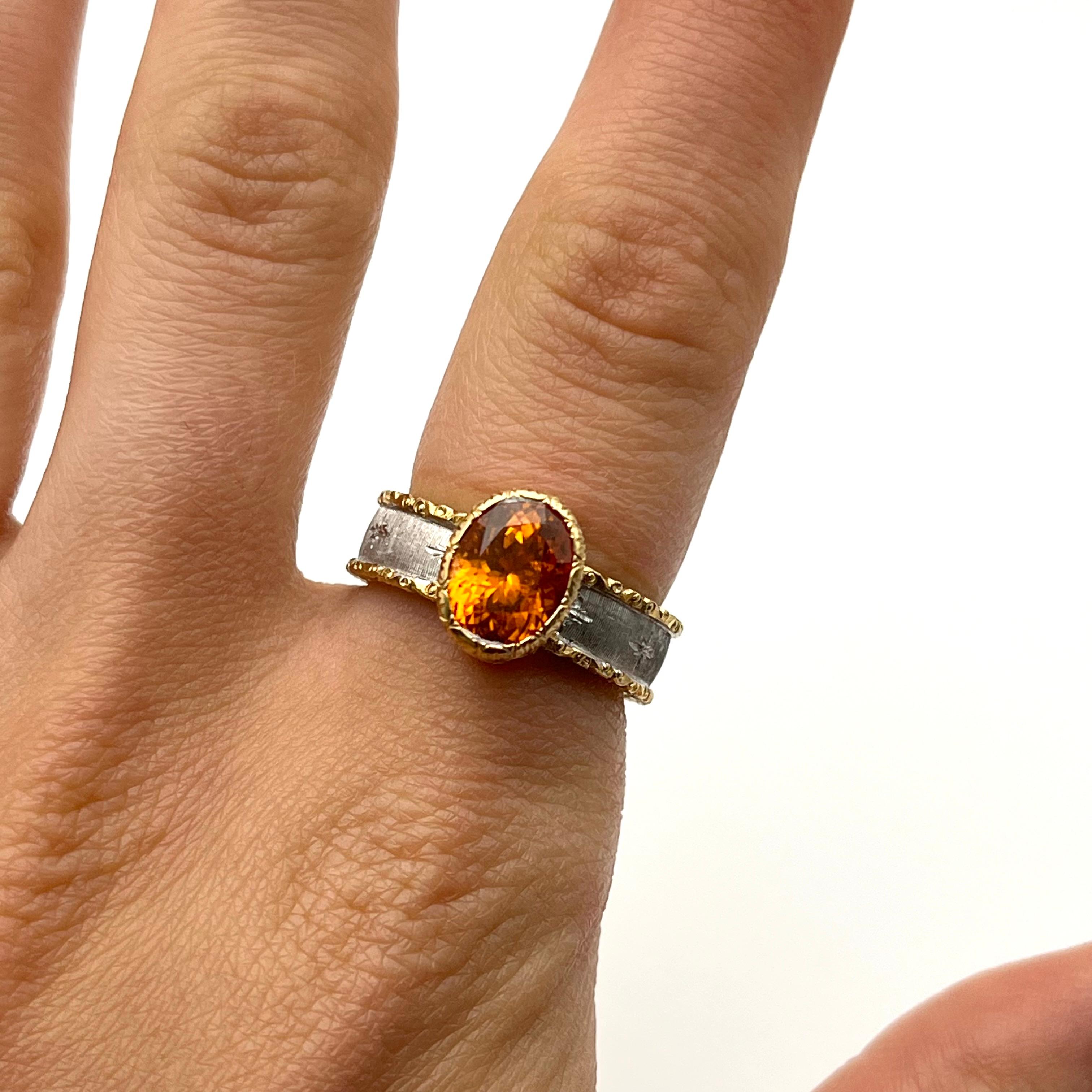 18KT Florentine Engraved Mandarin Garnet Ring In Excellent Condition For Sale In Lynchburg, VA