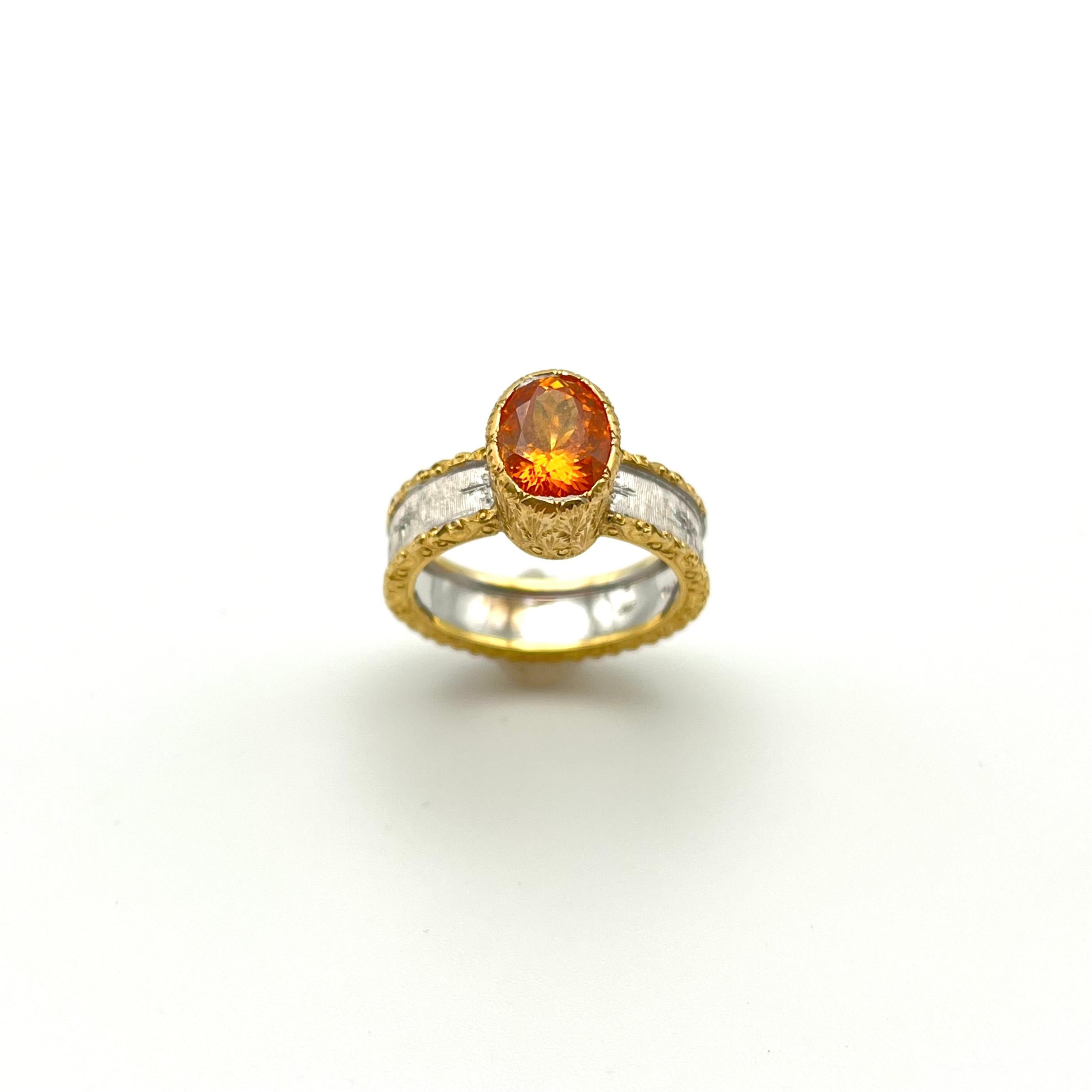 Women's 18KT Florentine Engraved Mandarin Garnet Ring For Sale