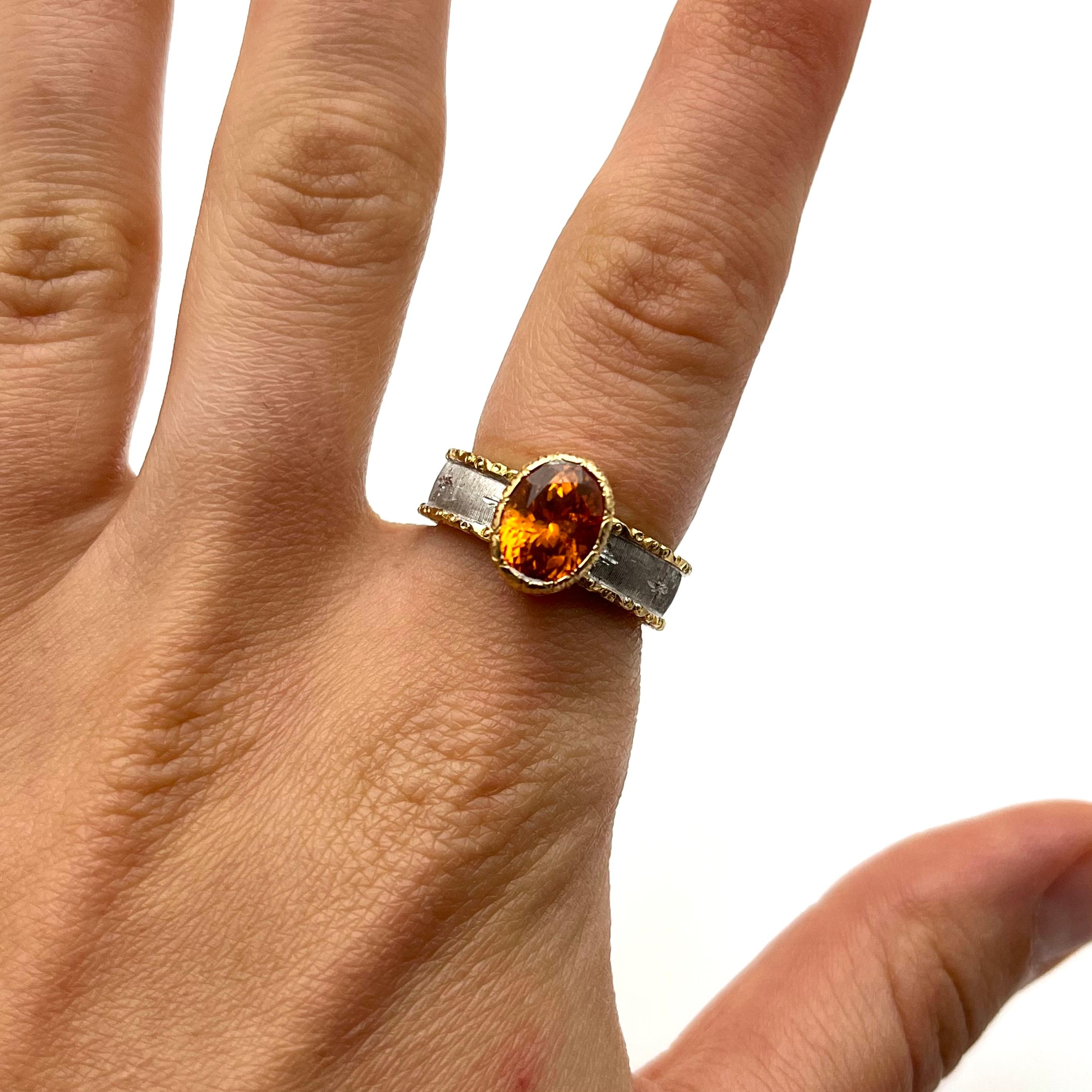 18KT Florentine Engraved Mandarin Garnet Ring For Sale 1