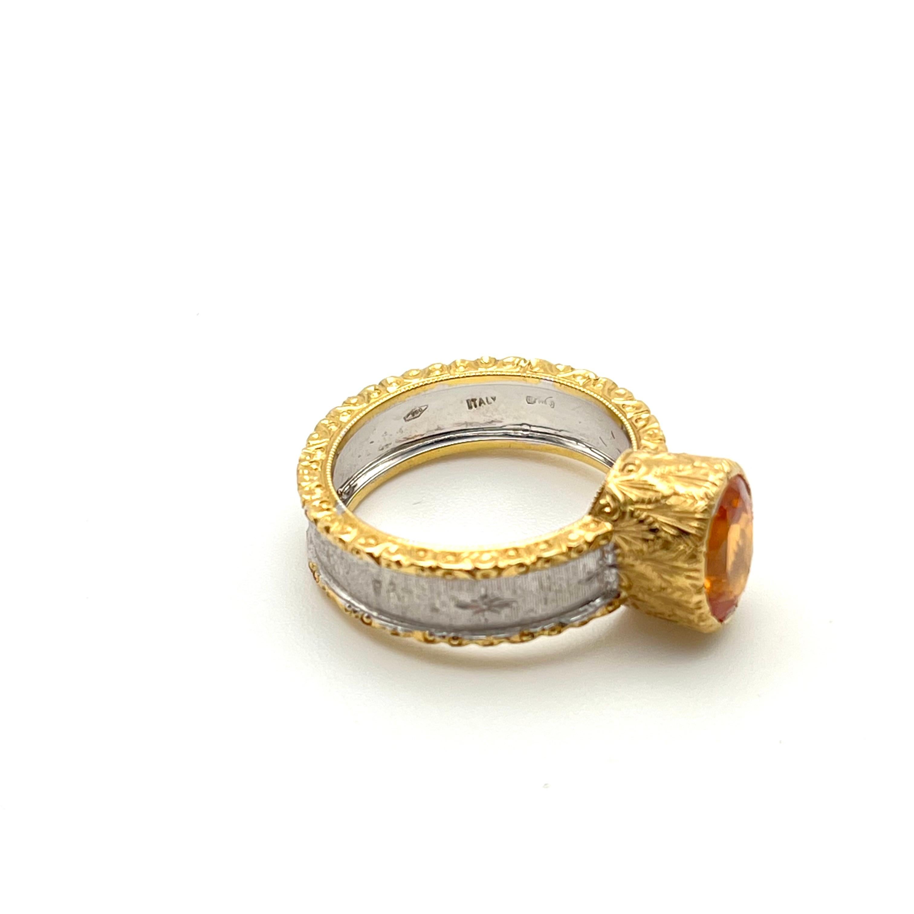 18KT Florentine Engraved Mandarin Garnet Ring For Sale 3