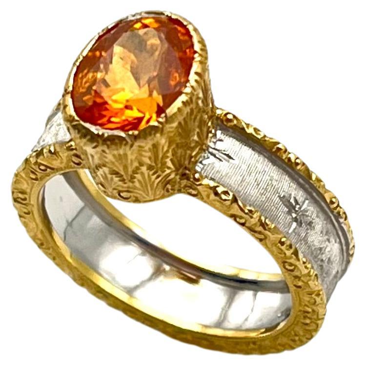 18KT Florentine Engraved Mandarin Garnet Ring 