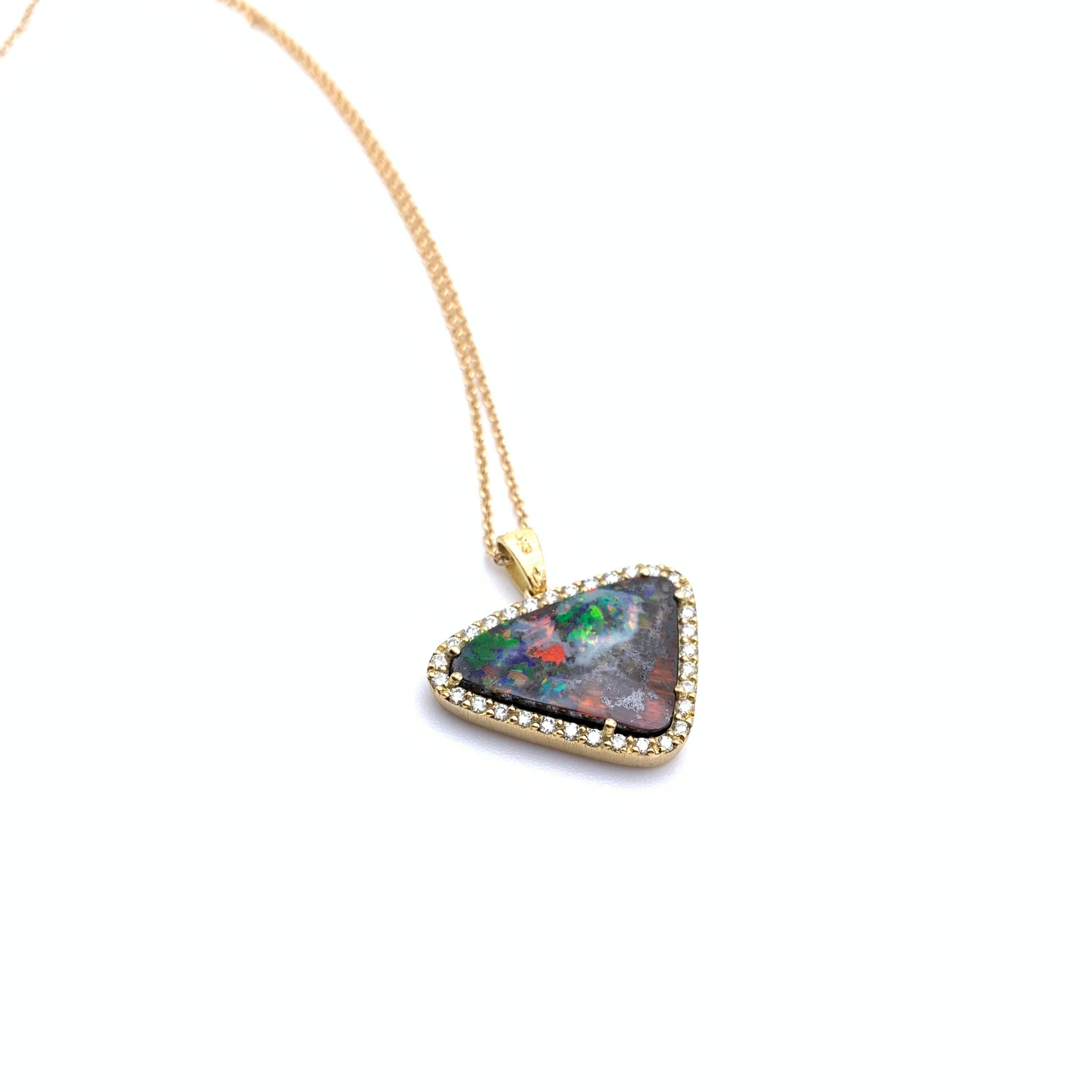 Cabochon 18KT Florentine Engraved Opal and Diamond Halo Necklace For Sale
