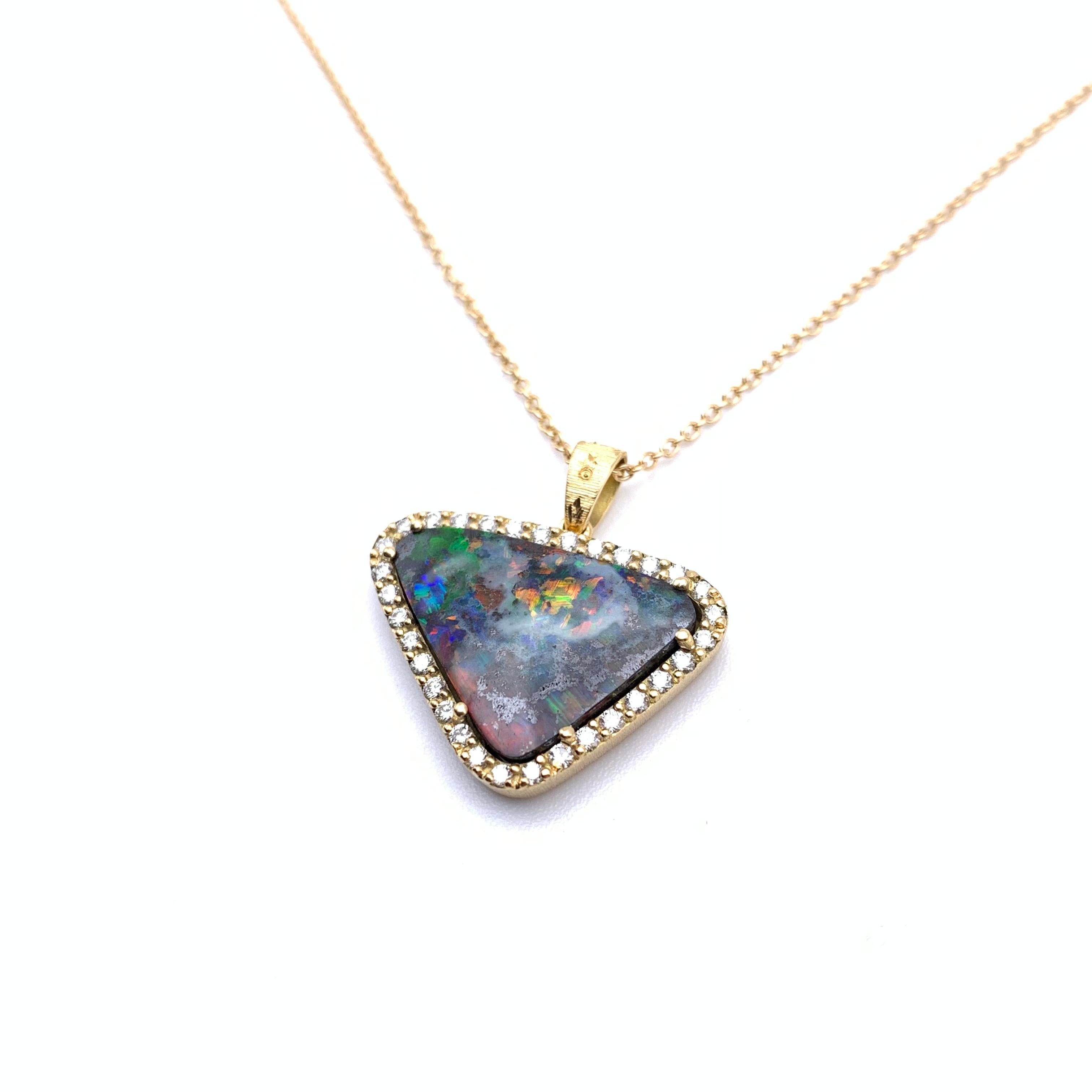 Women's 18KT Florentine Engraved Opal and Diamond Halo Necklace For Sale