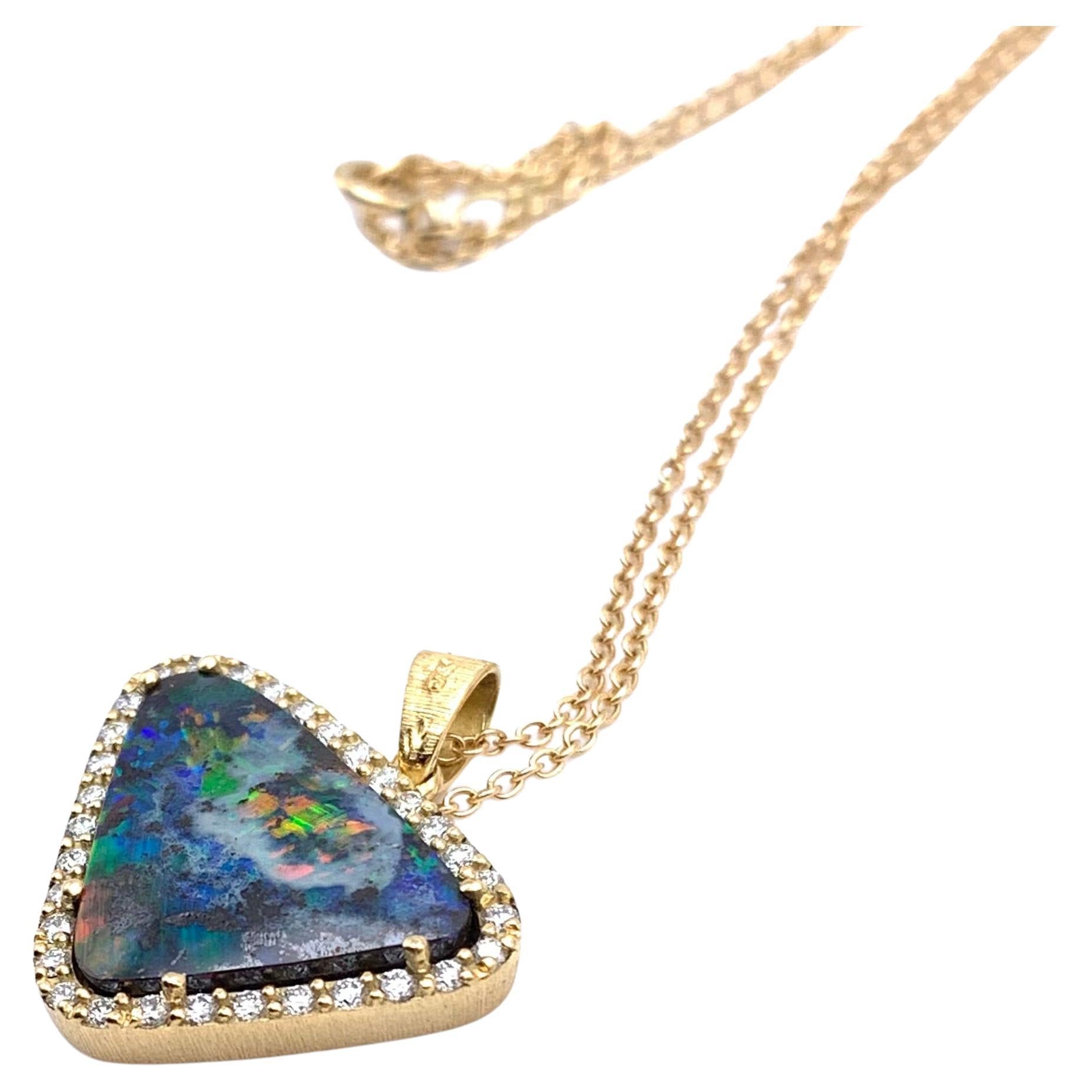 18KT Florentine Engraved Opal and Diamond Halo Necklace For Sale