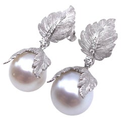 18KT Florentine Engraved Pearl and Diamond Dangle Earrings