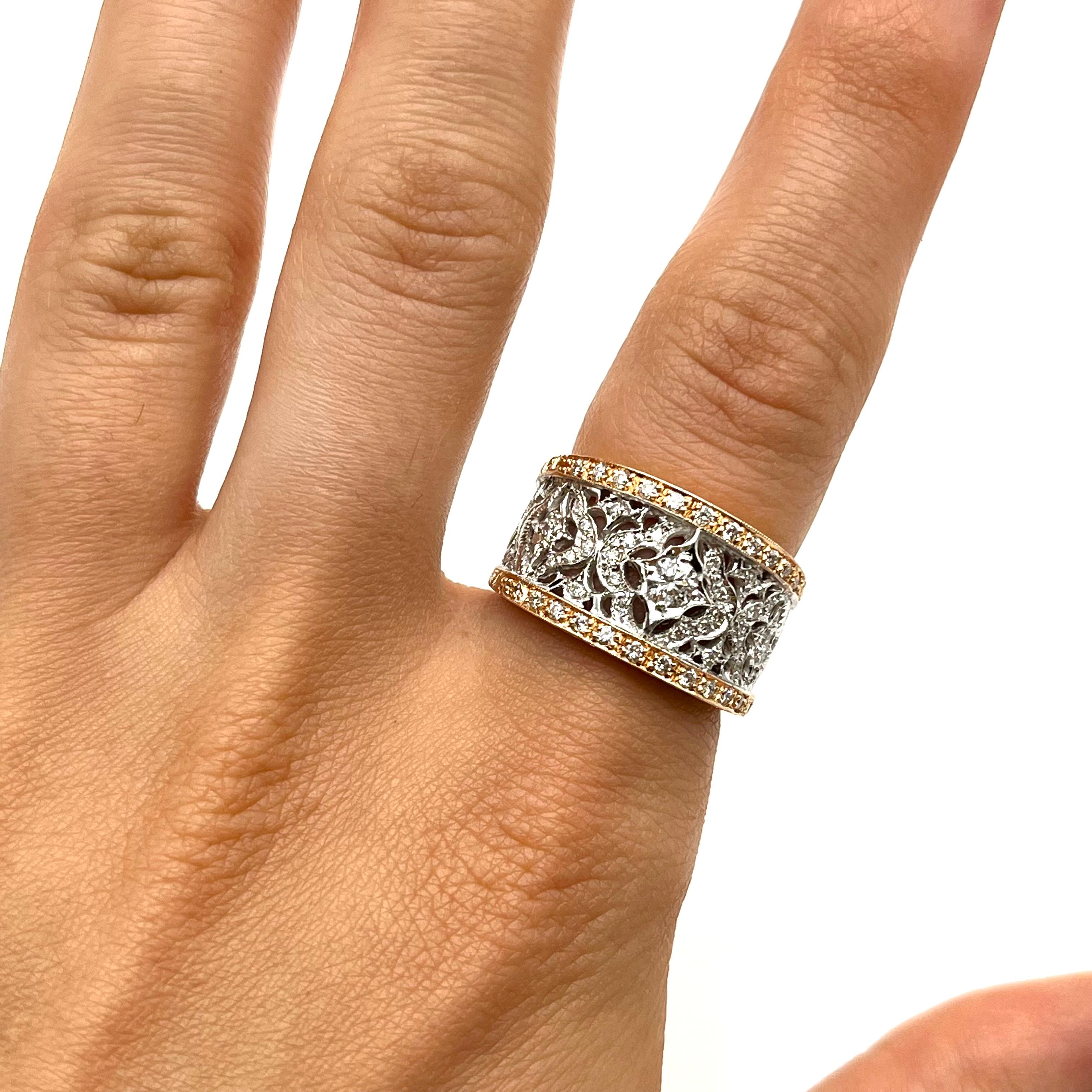 This gorgeous lattice band is full of charm and detail. It is handcrafted out of solid 18-karat white and rose gold by a family jeweler outside of Florence, Italy. Each element of this ring was created with care and skill using only the finest