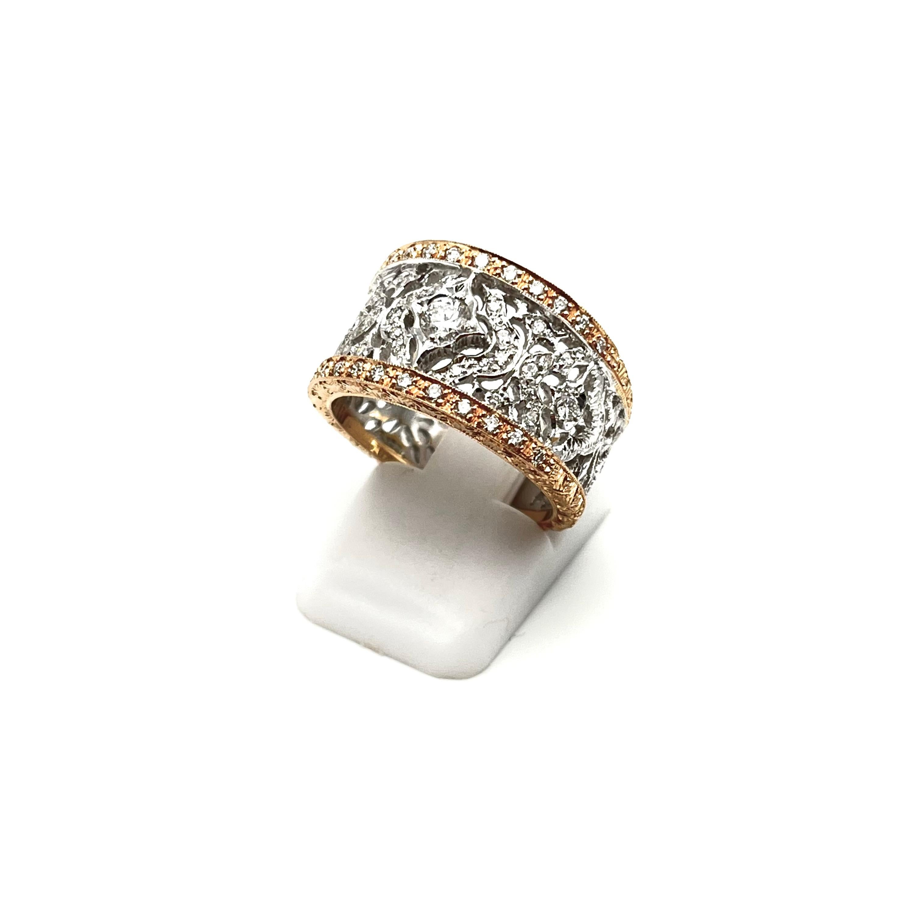 Regency 18KT Florentine Engraved Rose & White Gold Diamond Lattice Band For Sale