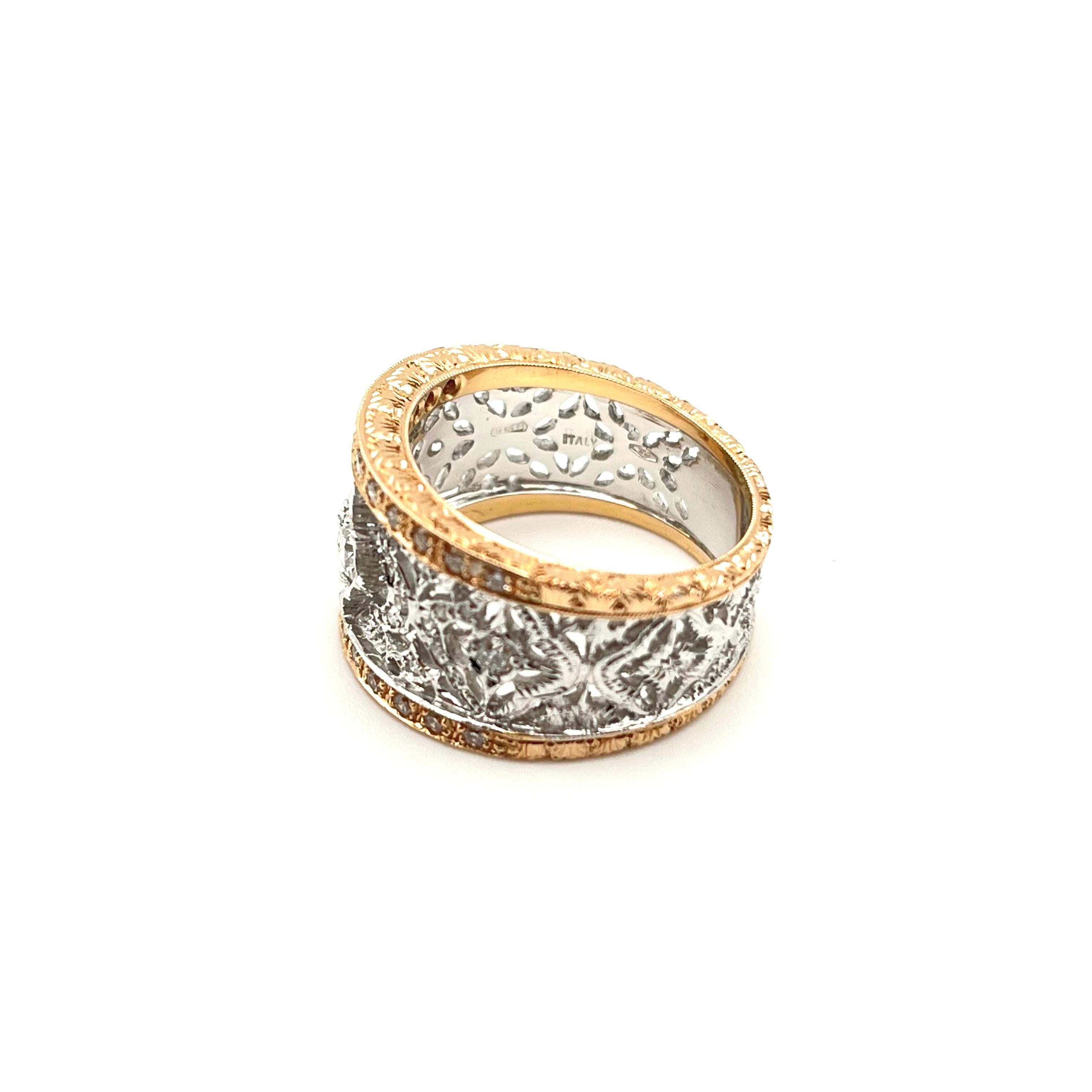 Round Cut 18KT Florentine Engraved Rose & White Gold Diamond Lattice Band For Sale