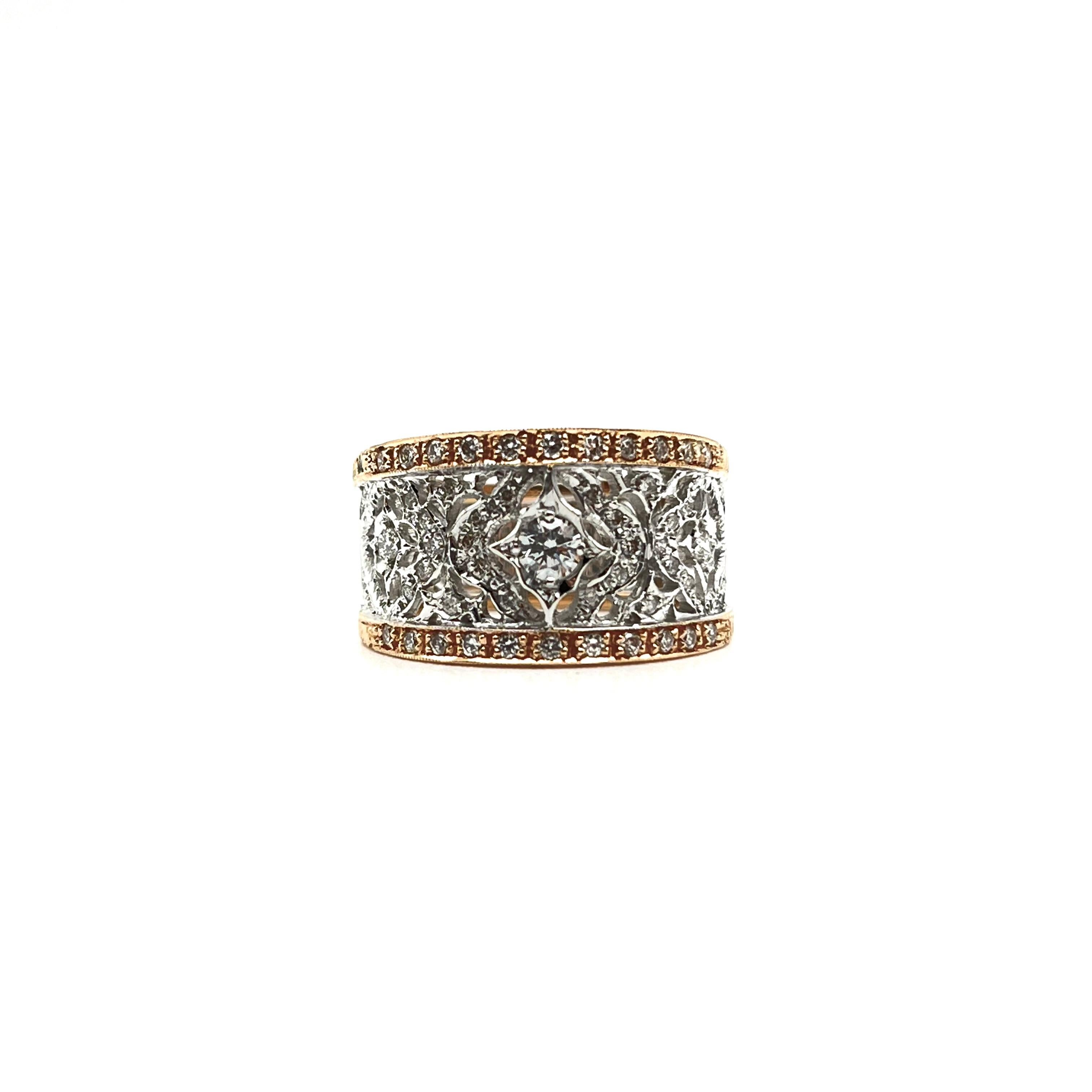 18KT Florentine Engraved Rose & White Gold Diamond Lattice Band In Excellent Condition For Sale In Lynchburg, VA